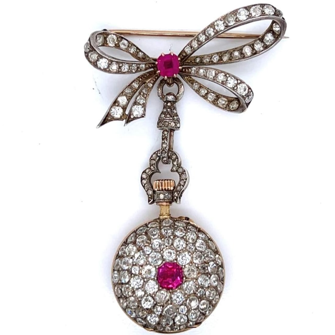Antique Paul Ditischer Platinum 18K Ruby Diamond Brooch 2.5 Inch: Antique Paul Ditischer Platinum 18K Ruby Diamond Brooch 2.5 Inch This exquisite Antique Paul Ditischer Platinum and 18K Diamond and Ruby Watch Brooch combines luxury and craftsmanship, weighing 19.3 g