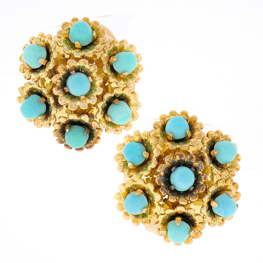 Vintage 14K Yellow Gold Turquoise Flower Button Earrings: Vintage 14K Yellow Gold Turquoise Flower Button Earrings Discover these exquisite vintage earrings crafted from solid 14K yellow gold, elegantly designed in the shape of flowers. Each earring features