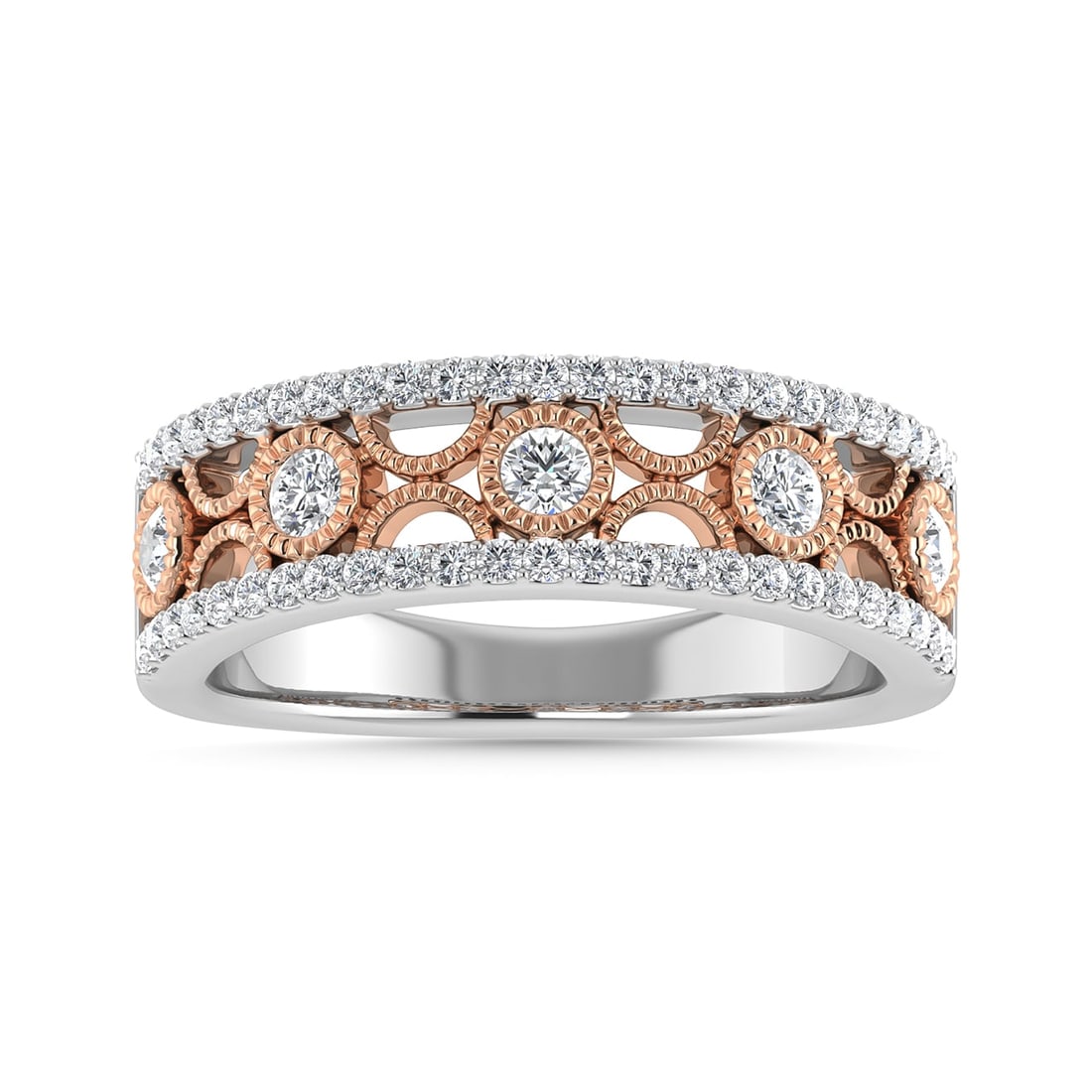 Diamond 1/2 Ct.Tw. Fashion Band in 14K Two Tone: Diamond 1/2 Ct.Tw. Fashion Band in 14K Two Tone 14k Two Tone Stone Color: G-h Stone Clarity: I1 Each ring is presented in standard size 6.5. Complimentary resizing is available between sizes 510 (in 1