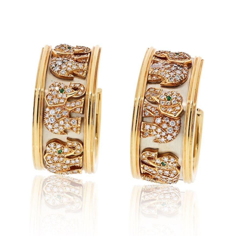 Cartier 18K Two Tone Diamond Elephant Hoop Earrings: Cartier 18K Two Tone Diamond Elephant Hoop Earrings Introducing the exquisite Cartier 18K Two Tone Walking Elephants Diamond Earrings, a true collector's masterpiece. Each earring features a stunning