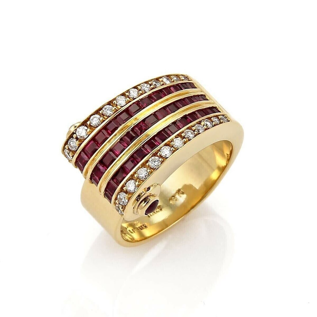 1.50ct Diamond and Ruby Wave Band in 18k Gold by Gioielli Graser Size 7: 1.50ct Diamond and Ruby Wave Band in 18k Gold by Gioielli Graser Size 7 This vintage Gioielli Graser wave band ring features a striking combination of diamonds and rubies set in luxurious 18k yellow g