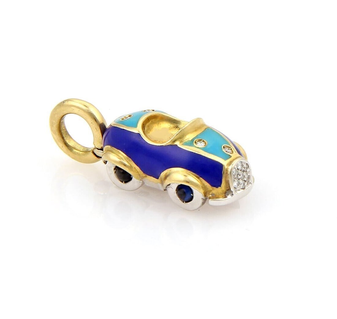 18k Yellow Gold Car Charm Pendant with Diamond Sapphire Enamel by Aaron Basha: 18k Yellow Gold Car Charm Pendant with Diamond Sapphire Enamel by Aaron Basha This Aaron Basha charm pendant is crafted in 18k yellow and white gold, featuring diamond, sapphire, and enamel details in