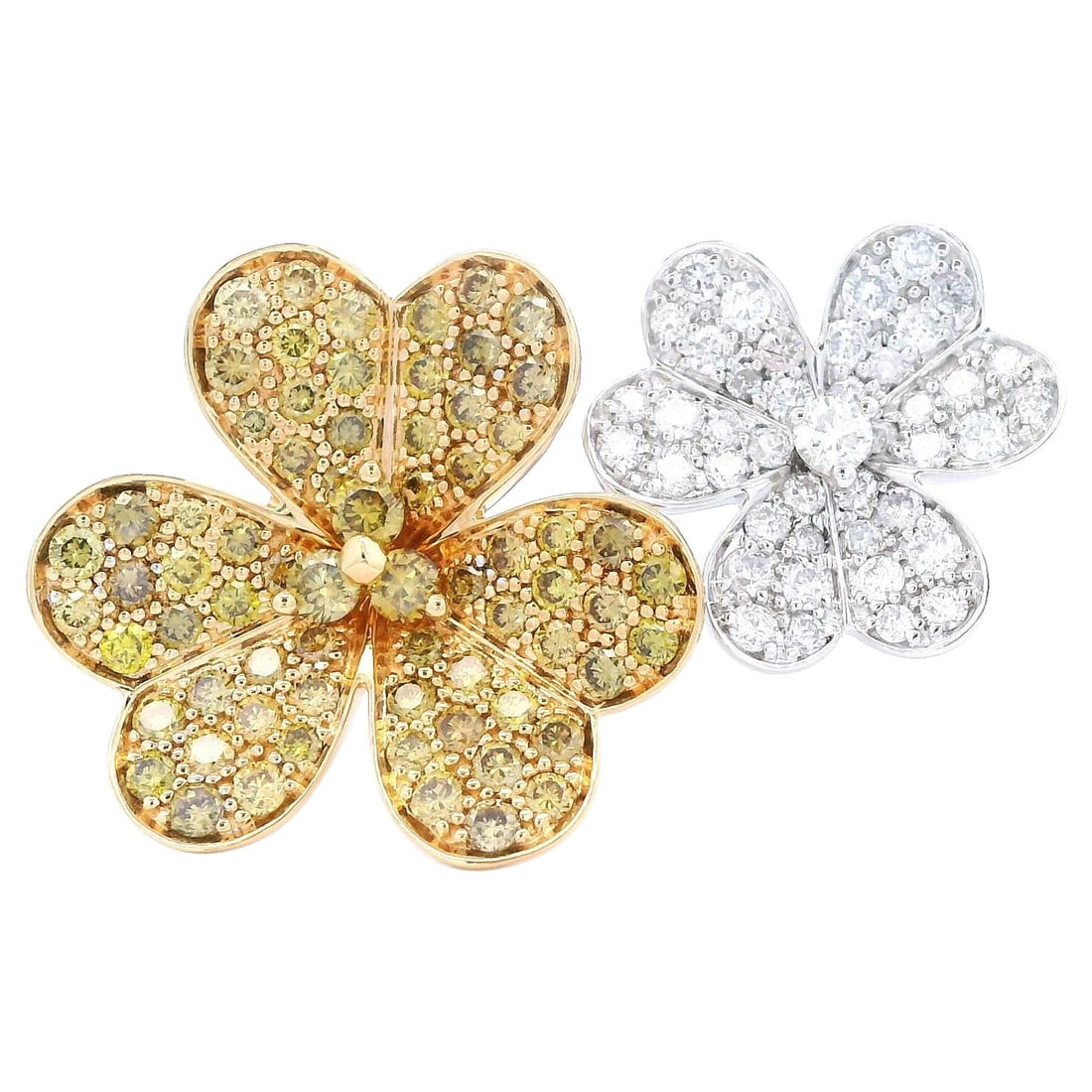 1.82ct Yellow White Diamond Floral Ring 18k Gold: 1.82ct Yellow White Diamond Floral Ring 18k Gold Experience the elegance of this stunning floral ring featuring 1.82 carats of natural yellow and white diamonds. Crafted in 18k gold, this modern piece