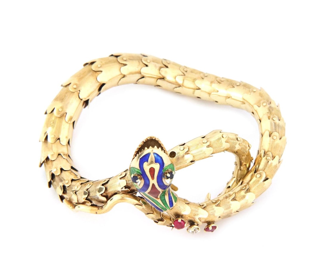 Vintage 14k Gold Snake Bracelet with Enamel Gems and Diamonds: Vintage 14k Gold Snake Bracelet with Enamel Gems and Diamonds This vintage bracelet is an exquisite piece, expertly crafted from 14k yellow gold. The design showcases a flexible, curled snake body ado