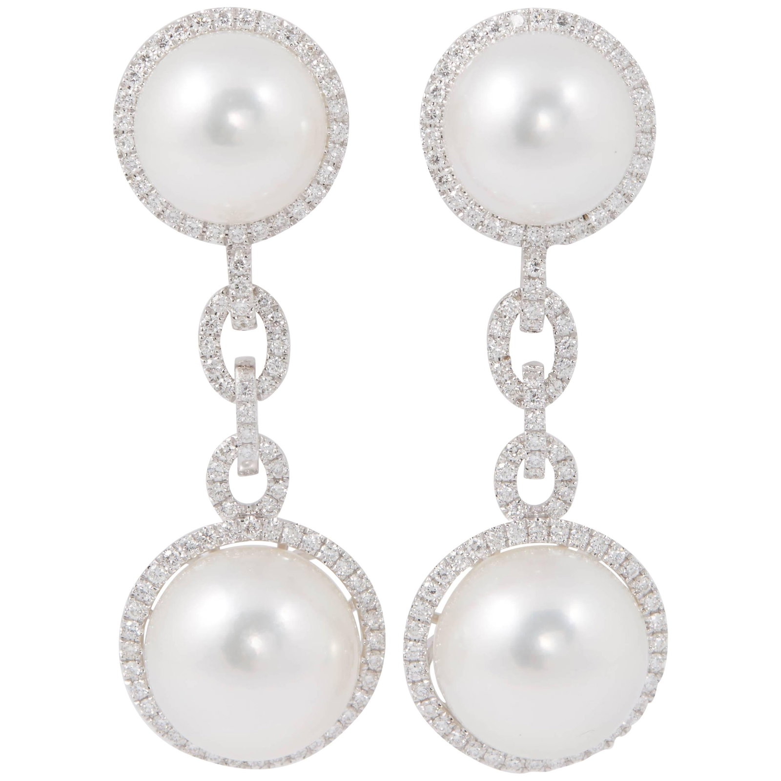 Harbor Diamonds 18K White Gold South Sea Pearl Diamond Dangle Earrings: Harbor Diamonds 18K White Gold South Sea Pearl Diamond Dangle Earrings Elevate your style with these exquisite South Sea Pearl and Diamond Dangle Link Earrings. Crafted from luxurious 18k white gold,