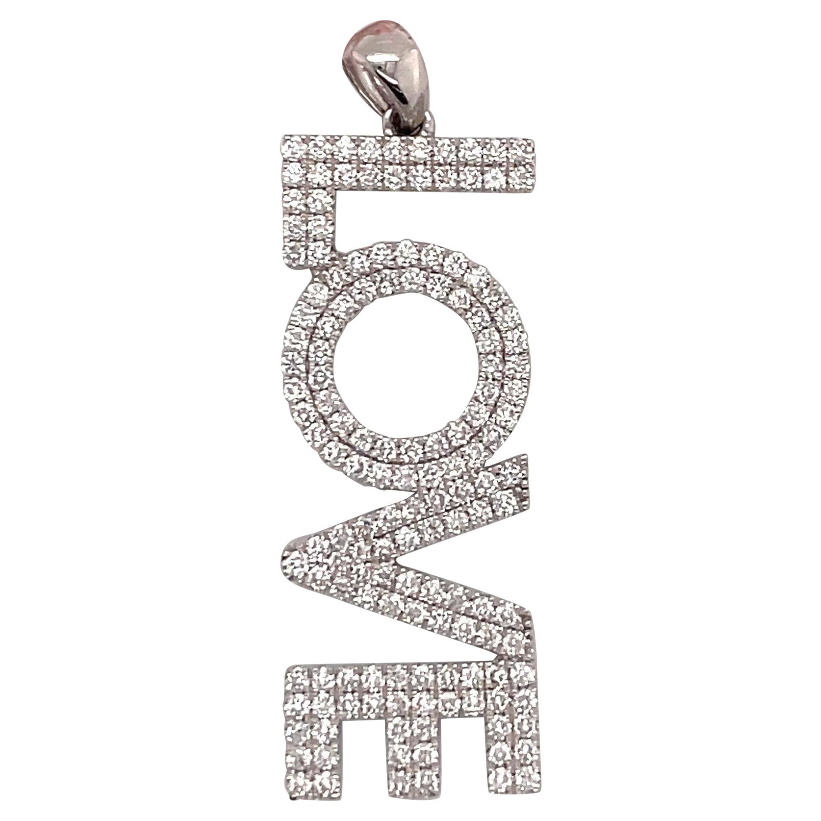 14K White Gold LOVE Pendant with 1.21ct Diamonds by Harbor Diamonds: 14K White Gold LOVE Pendant with 1.21ct Diamonds by Harbor Diamonds This exquisite pendant is crafted from 14 karat white gold and features a contemporary design. It elegantly spells out the word 'LOV