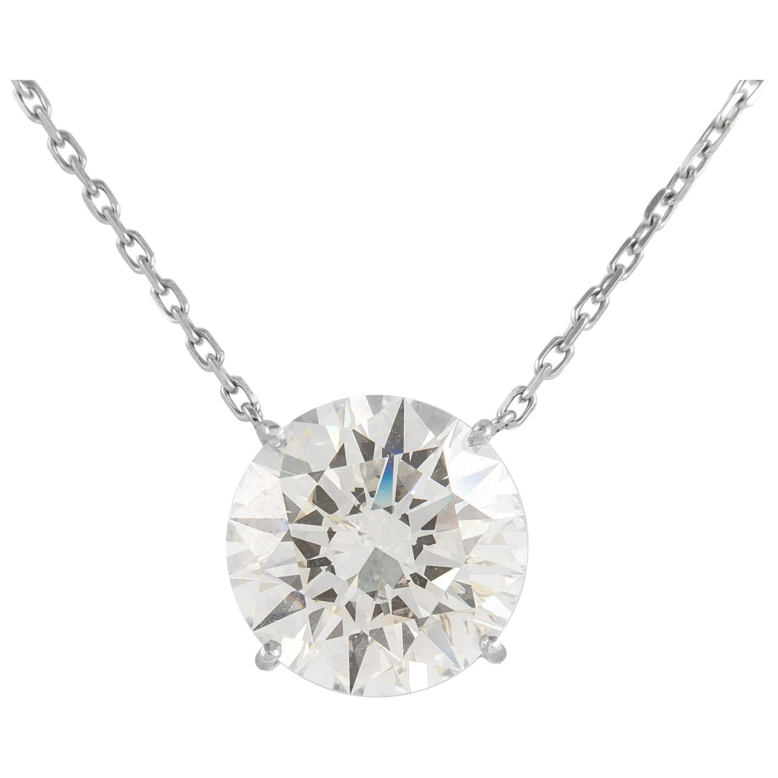 Diamond Solitaire Pendant 8.43 ct 18k White Gold EGL Certified: Diamond Solitaire Pendant 8.43 ct 18k White Gold EGL Certified This exquisite pendant necklace features a stunning 8.43 carat round brilliant cut diamond, certified by EGL with a J color grade and SI2