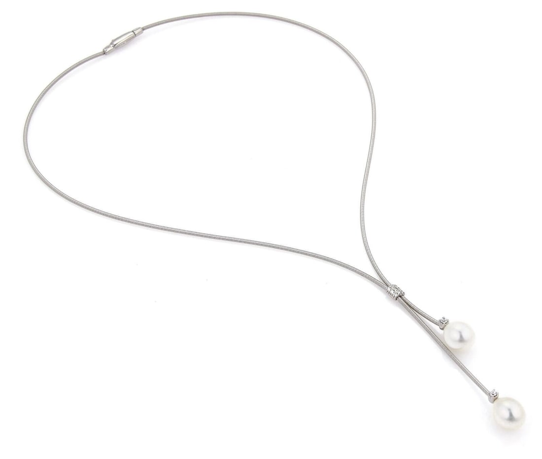 Santorini Lariat Necklace in 18k White Gold with Diamonds and Pearls by Marco Bicego: Santorini Lariat Necklace in 18k White Gold with Diamonds and Pearls by Marco Bicego This Marco Bicego Santorini necklace is crafted from 18k white gold and features a lariat design adorned with diamo