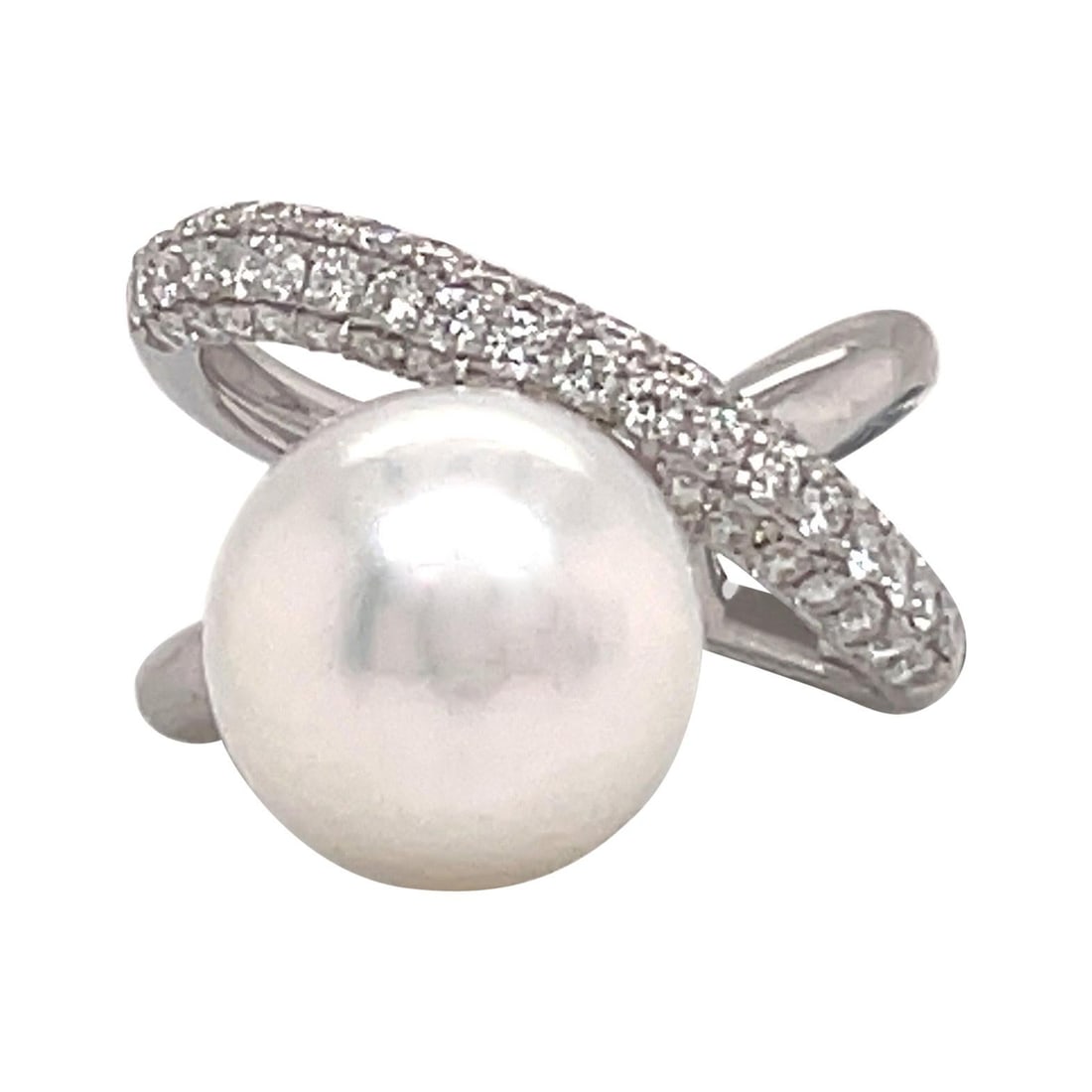 Harbor Diamonds 18K White Gold South Sea Pearl Diamond X Ring: Harbor Diamonds 18K White Gold South Sea Pearl Diamond X Ring This exquisite 18 Karat White Gold X Ring showcases a stunning white South Sea Pearl, measuring 11-12 mm, beautifully complemented by 53 r