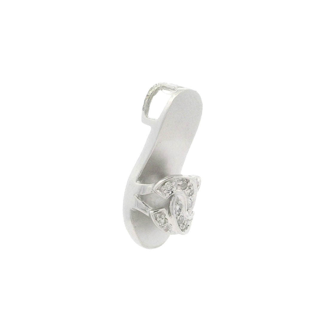14k White Gold 0.05ctw Diamond High Heel Sandal Charm Pendant: 14k White Gold 0.05ctw Diamond High Heel Sandal Charm Pendant This charming pendant features a delightful high heel slipper sandal design, crafted from solid 14k white gold. Adorned with ten natural g