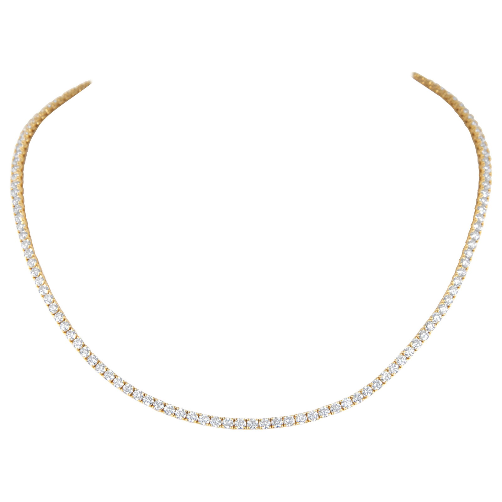 11.13ct Diamond Tennis Necklace 18k Yellow Gold 16.5in with Appraisal: 11.13ct Diamond Tennis Necklace 18k Yellow Gold 16.5in with Appraisal This stunning diamond tennis necklace features a total of 11.13 carats of round brilliant diamonds set in luxurious 18k yellow gol