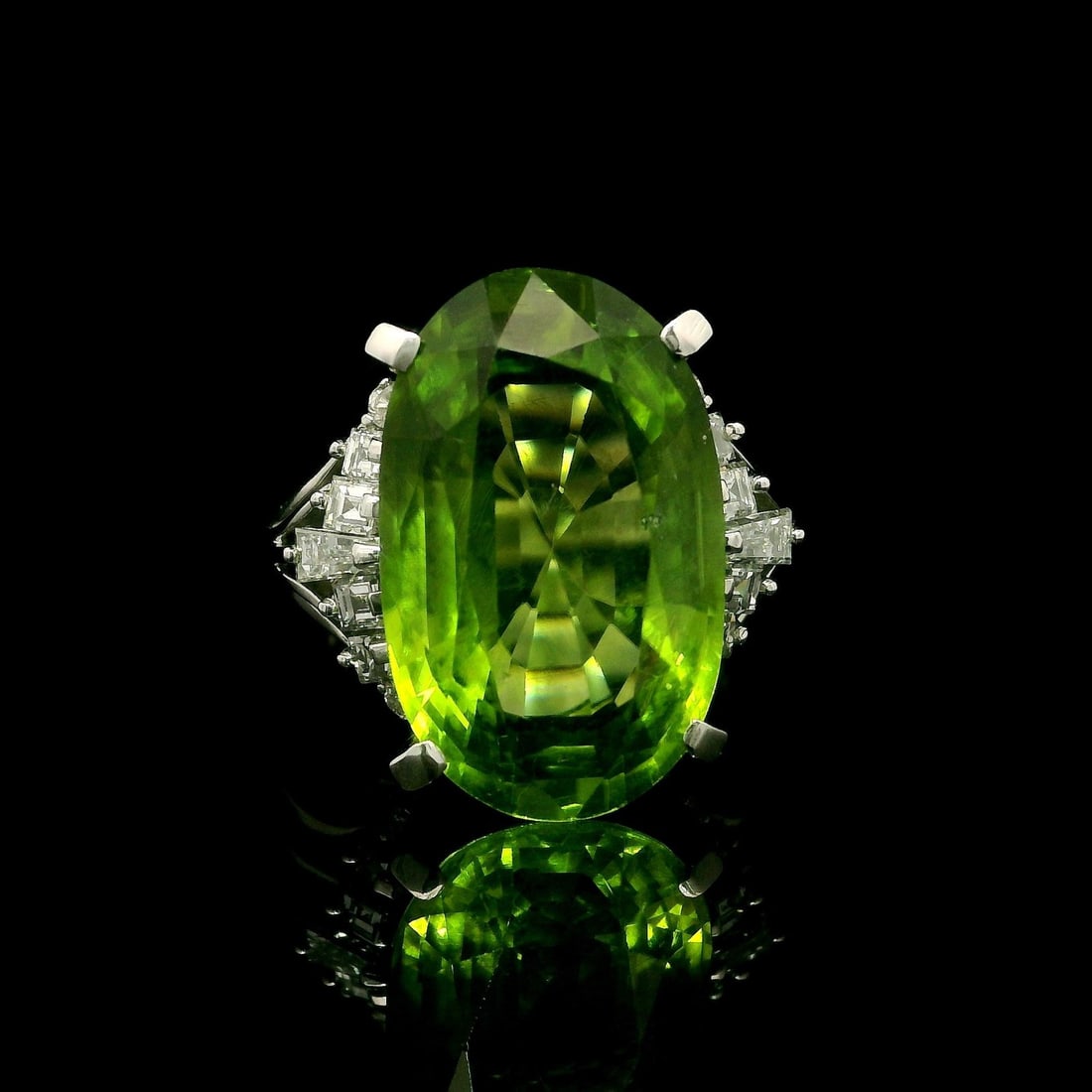 Vintage Platinum GIA Certified 10.47ct Peridot Diamond Cocktail Ring: Vintage Platinum GIA Certified 10.47ct Peridot Diamond Cocktail Ring This exquisite vintage cocktail ring features a stunning natural genuine peridot, expertly cut in an old oval shape and prong set,
