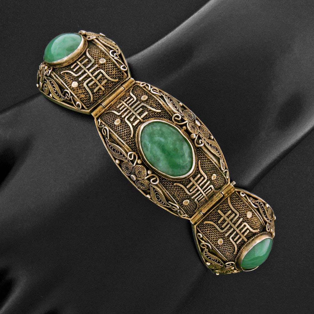 Antique Chinese Gilt Sterling Silver Jade Filigree Bracelet (1 of 8)