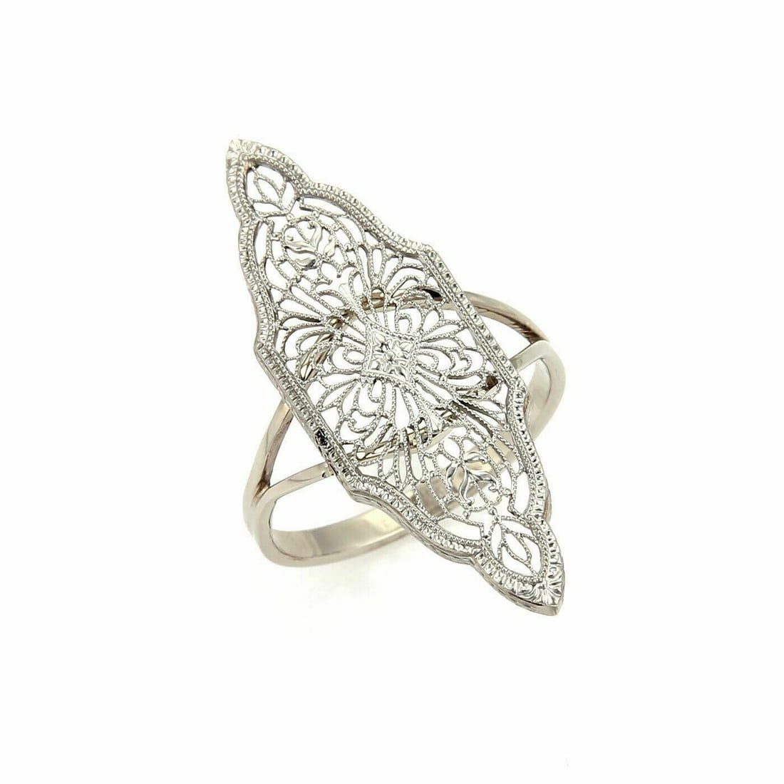 14k White Gold Art Deco Filigree Elongated Ring Size 6.5 (1 of 4)
