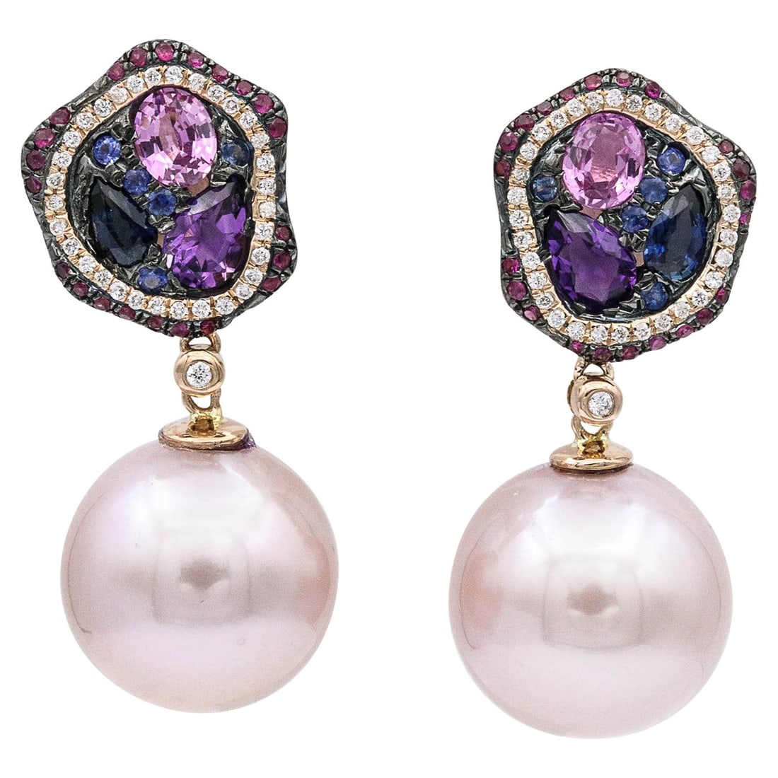 Harbor Diamonds Modern 18K Rose Gold Dangle Earrings with Pink Blue Sapphires and Pearls: Harbor Diamonds Modern 18K Rose Gold Dangle Earrings with Pink Blue Sapphires and Pearls These exquisite dangle earrings showcase a stunning combination of pink and blue sapphires, accented by sparkli