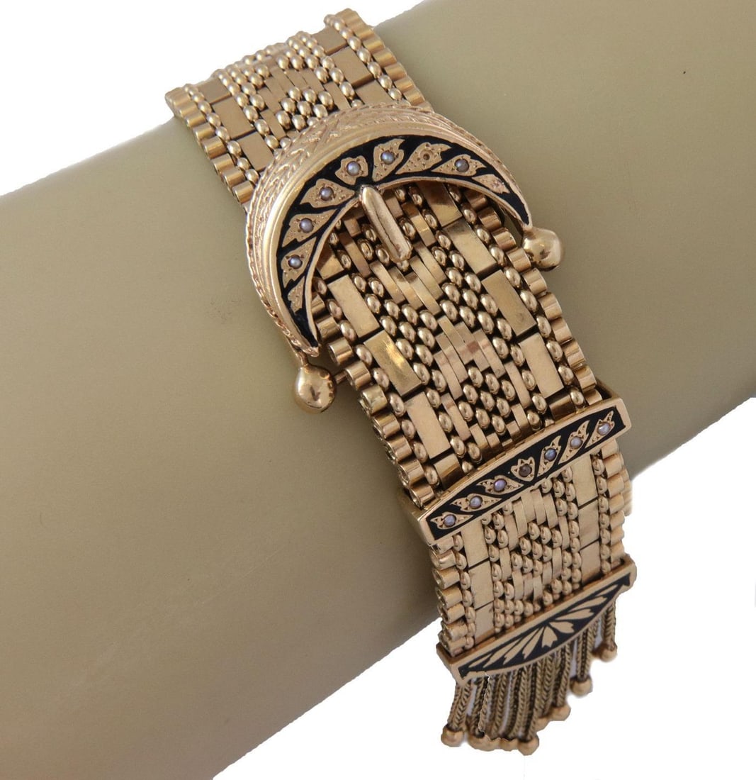 Vintage 14k Gold Pearl Enamel Crescent Moon Tassel Bracelet (1 of 1)