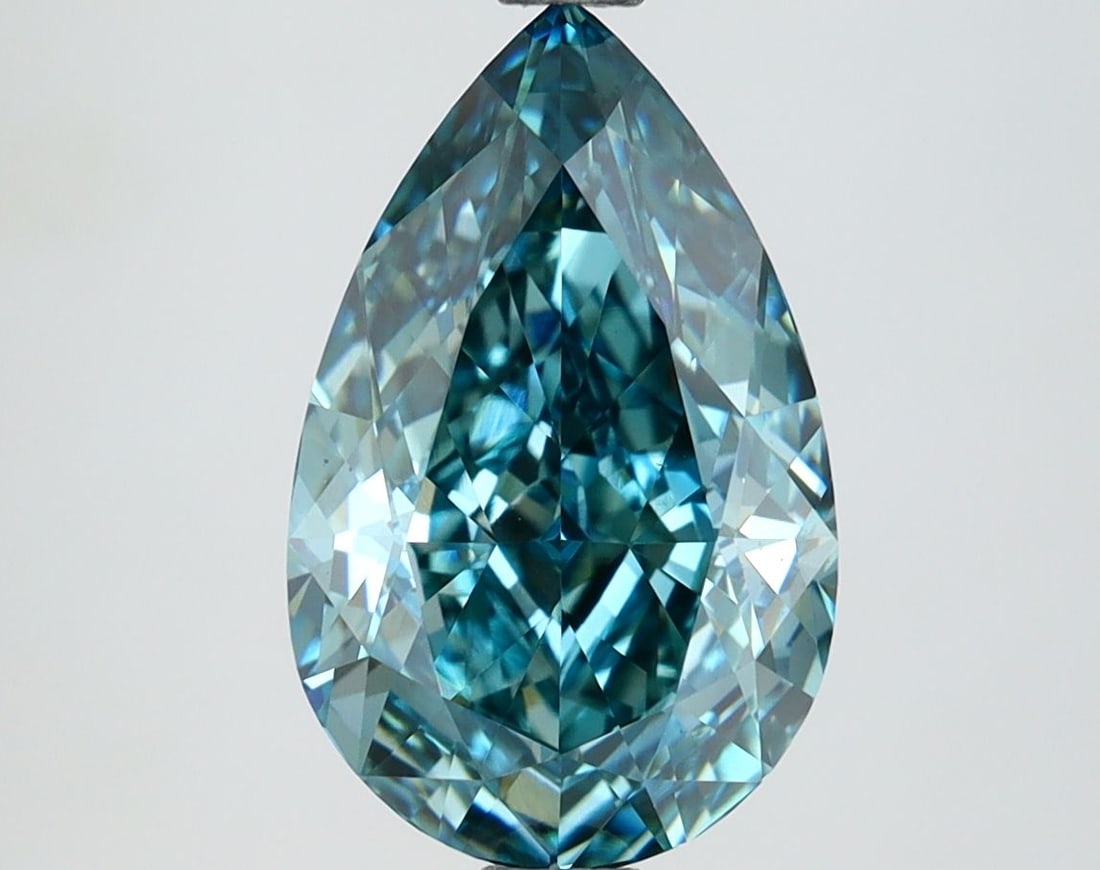 Loose Diamond - PEAR 3.28ct Fancy Vivid Greenish Blue VS1: Loose Diamond - PEAR 3.28ct Fancy Vivid Greenish Blue VS1 Source: This is a real non-mined Diamond that has been grown in a lab Shape: PEAR Carats: 3.28 Color: Fancy Vivid Greenish Blue Certification: