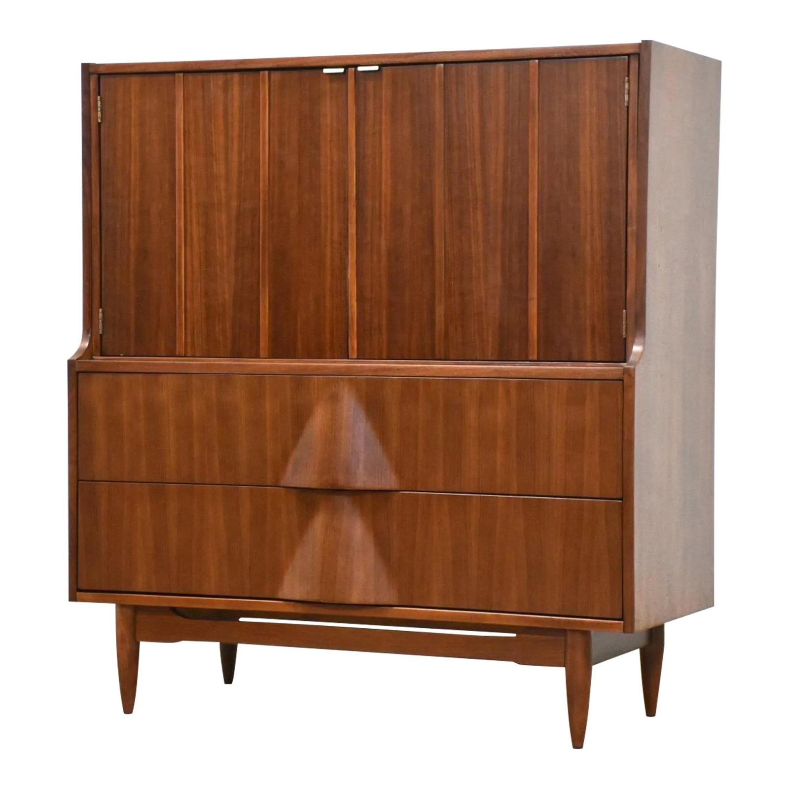 Mid Century Walnut Tall Dresser Armoire with Sculpted Drawers: Mid Century Walnut Tall Dresser Armoire with Sculpted Drawers This mid-century modern tall dresser showcases a striking walnut finish and features beautifully sculpted drawers, making it a stylish add