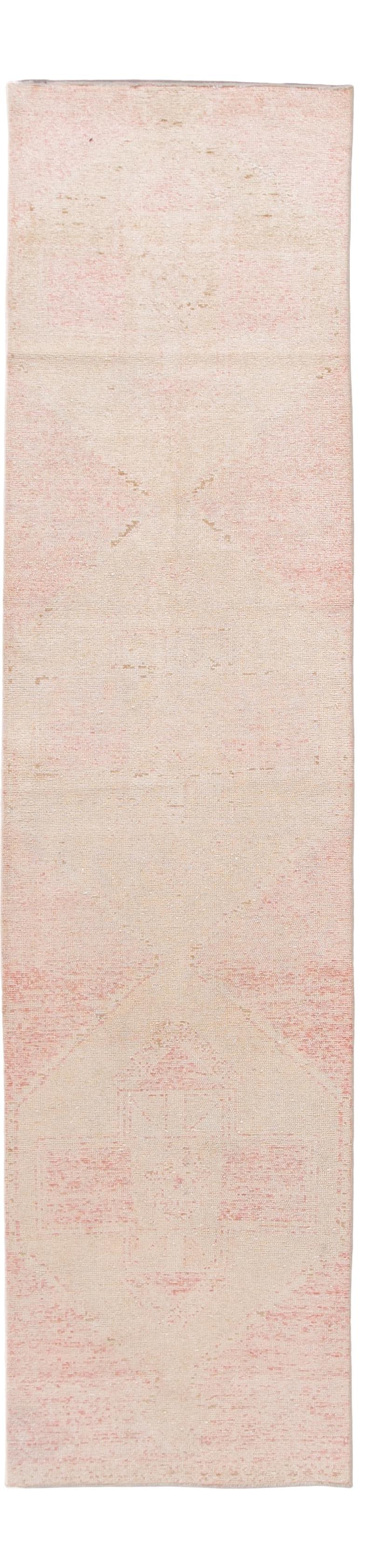 Vintage Turkish Handmade Wool Runner Rug Beige Peach Geometric: Vintage Turkish Handmade Wool Runner Rug Beige Peach Geometric Enhance your space with this stunning vintage Turkish hand-knotted wool runner. Featuring a beige field adorned with elegant accents of i