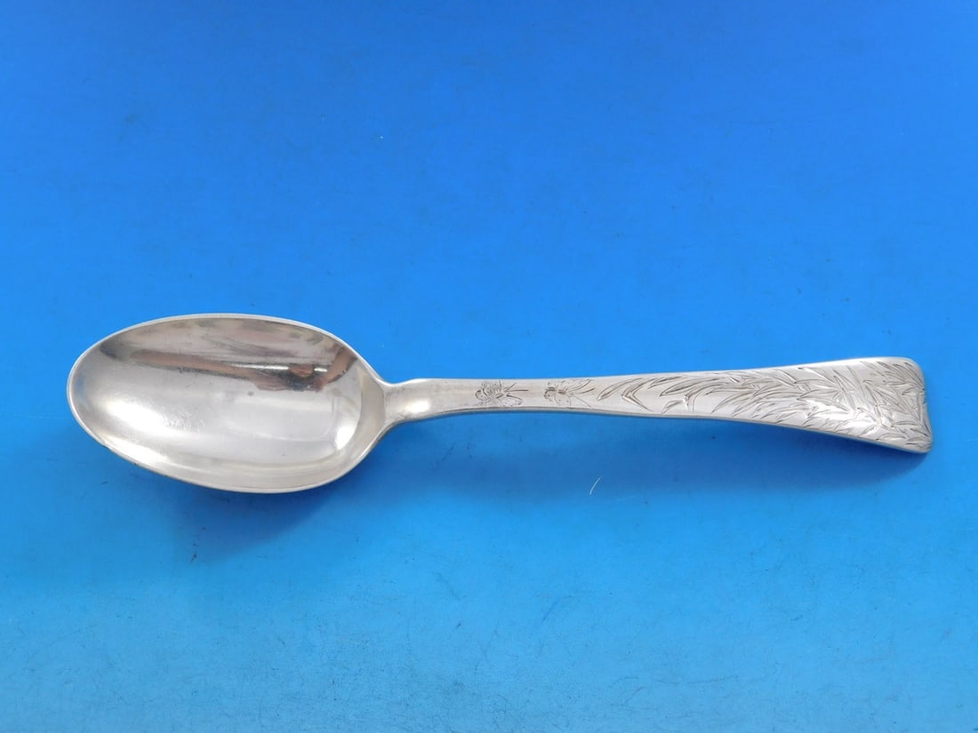 Tiffany Sterling Silver Lap Over Edge 7 Inch Soup Spoon with Willow Leaves: Tiffany Sterling Silver Lap Over Edge 7 Inch Soup Spoon with Willow Leaves This exquisite soup spoon from Tiffany & Co. features the elegant Lap Over Edge pattern, showcasing intricate acid etching of