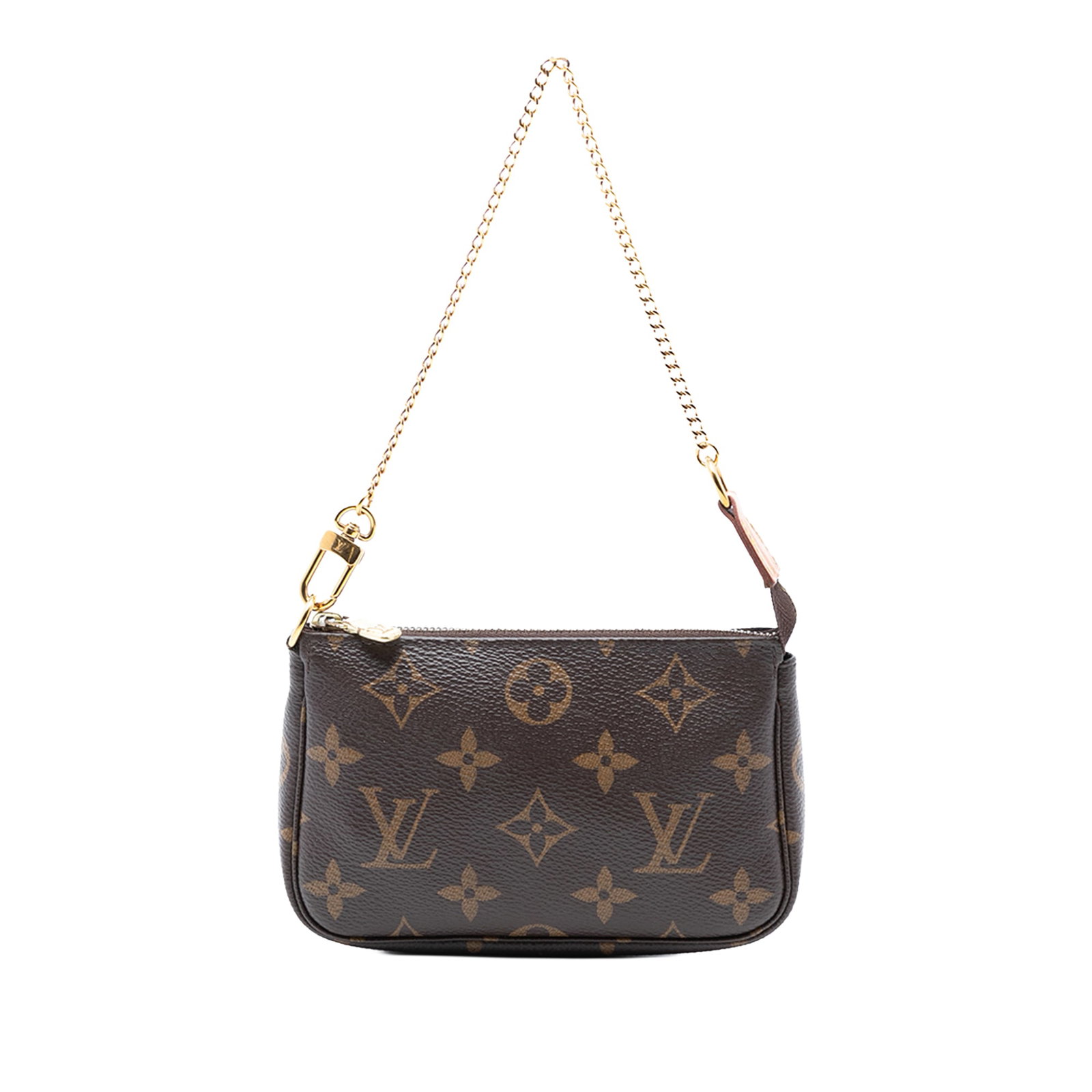 Louis Vuitton brown monogram canvas Mini Pochette bag with gold-tone chain: Louis Vuitton brown monogram canvas Mini Pochette bag with gold-tone chain This Louis Vuitton Monogram Mini Pochette Accessoires features a monogram canvas body with a gold-tone chain strap and a top