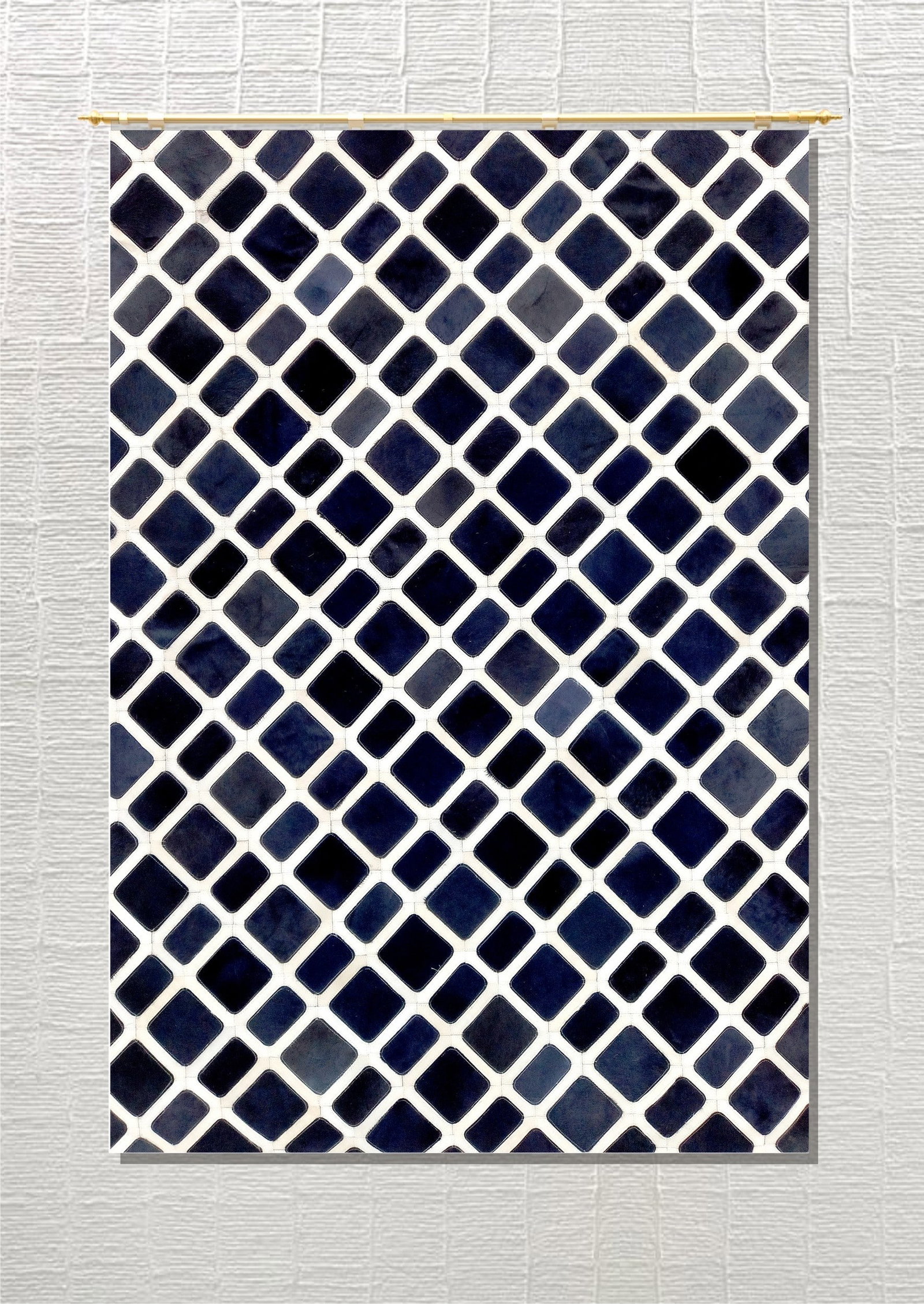 Handmade 3D Obsidian Pearl Diamond Mosaic Cowhide Leather Area Rug 3FT x 5FT: Handmade 3D Obsidian Pearl Diamond Mosaic Cowhide Leather Area Rug 3FT x 5FT Free continental US Shipping This handmade area rug features a striking 3D diamond mosaic design in contrasting obsidian bl