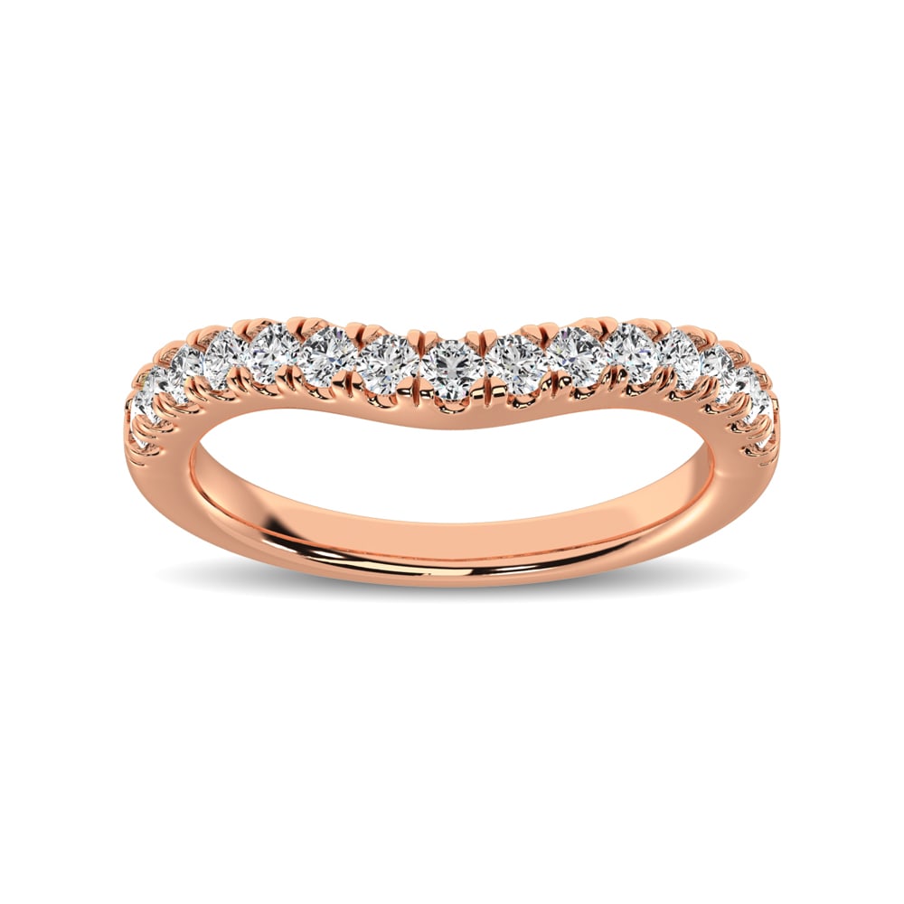 14K Rose Gold 1/2 Ct.Tw. Diamond Curve Band: 14K Rose Gold 1/2 Ct.Tw. Diamond Curve Band This Classic Curve Shape Band is available in 14K Rose Gold. There are 15 round diamonds with a total carat weight of 1/2 Ct.Tw. set in a Micro Prong settin