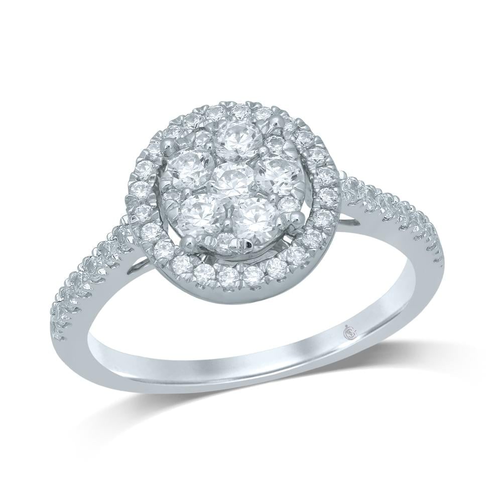 14K White Gold 3/4 Ct.Tw. Diamond Engagement Ring: 14K White Gold 3/4 Ct.Tw. Diamond Engagement Ring This stunning ring is available in 14K White Gold. There are 49 round diamonds with a total carat weight of 3/4Ct.Tw. set in a invisible prong / micro