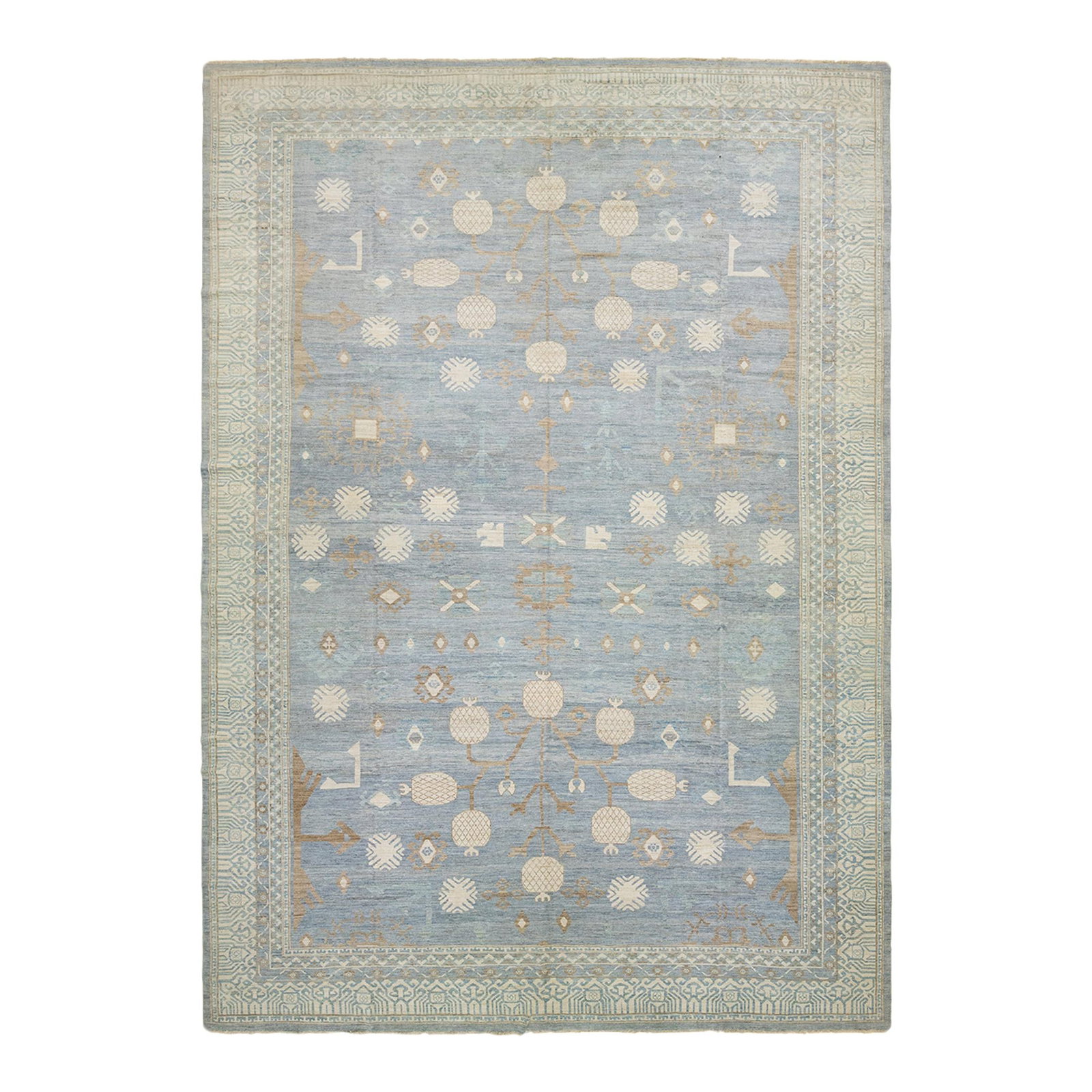 Handmade Oversized Khotan Style Wool Rug 16'1 x 22'8 Blue Geometric Design: Handmade Oversized Khotan Style Wool Rug 16'1 x 22'8 Blue Geometric Design Enhance your space with this stunning oversized Khotan style wool rug, meticulously handmade in India. Featuring a serene lig