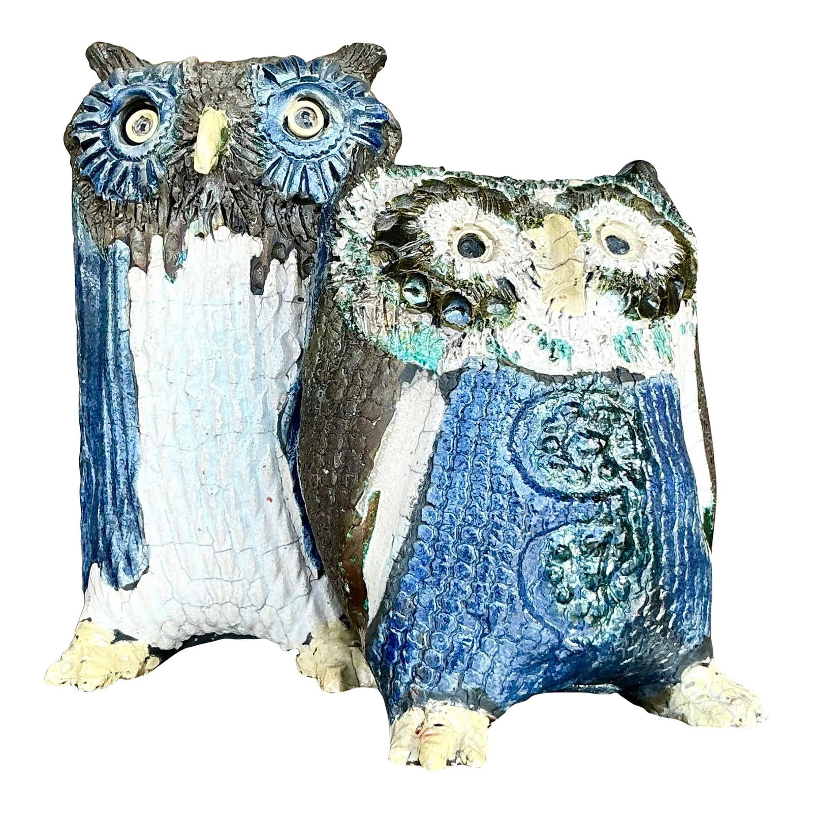 Charming Vintage Signed Pottery Owl Set of 2 Blue Decor (1 of 10)