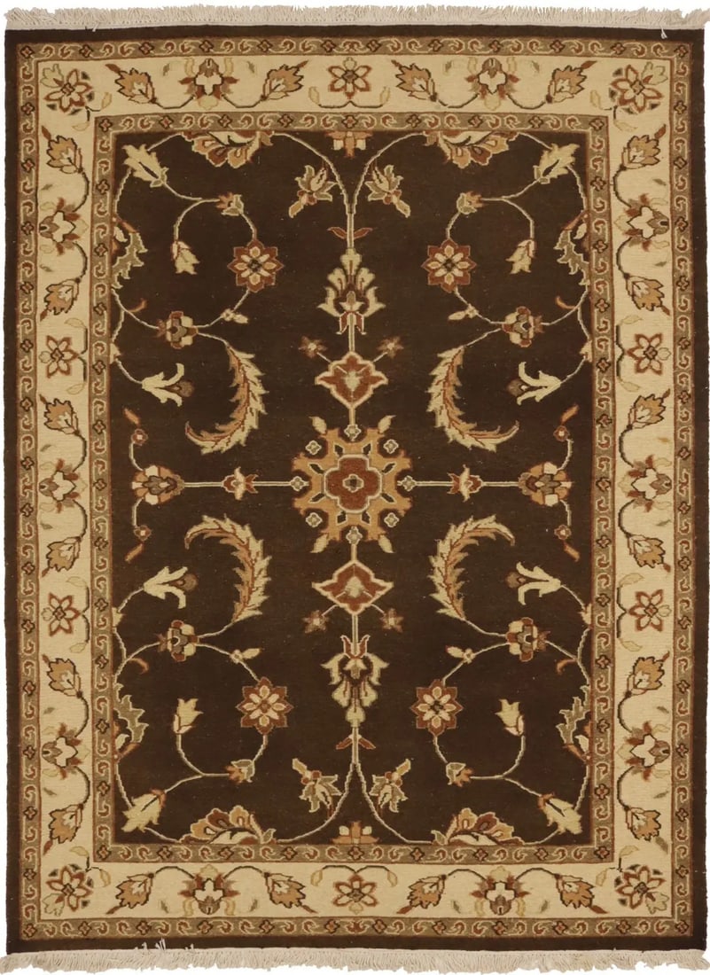Floral Wool Sumak Area Rug 5'1 x 6'9 Hand-Knotted Brown Modern Carpet: Floral Wool Sumak Area Rug 5'1 x 6'9 Hand-Knotted Brown Modern Carpet This partially hand-woven Sumak rug features a floral pattern in dark brown, cream, beige, and rust tones. Handmade from wool usin