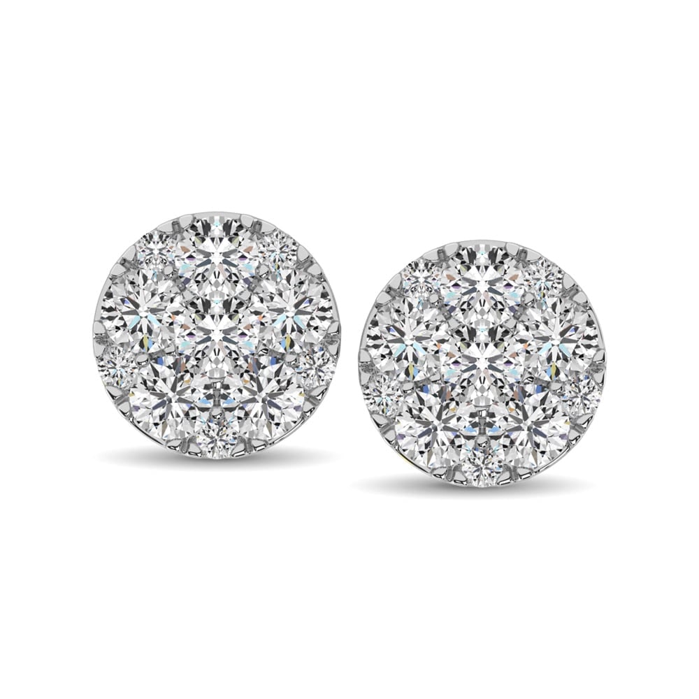 14K White Gold 3/4 Ct.Tw. Diamond Flower Stud Earrings: 14K White Gold 3/4 Ct.Tw. Diamond Flower Stud Earrings These Stud Earrings Fashioned In 14K White Gold, Each Earrings Features A Round Diamond Center Stone Surrounded By A Shimmering Frame Of Round Ac