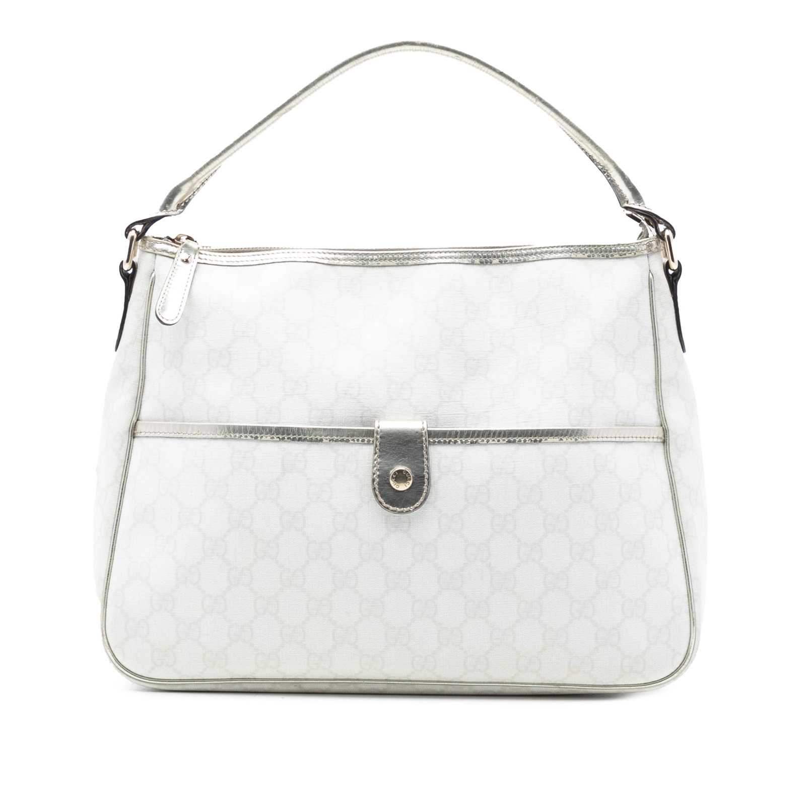 Gucci GG Supreme Joy White Canvas Handbag with Leather Trim: Gucci GG Supreme Joy White Canvas Handbag with Leather Trim This Gucci GG Supreme Joy handbag features a coated canvas body with leather trim, a flat leather handle, a top zip closure, an exterior fro