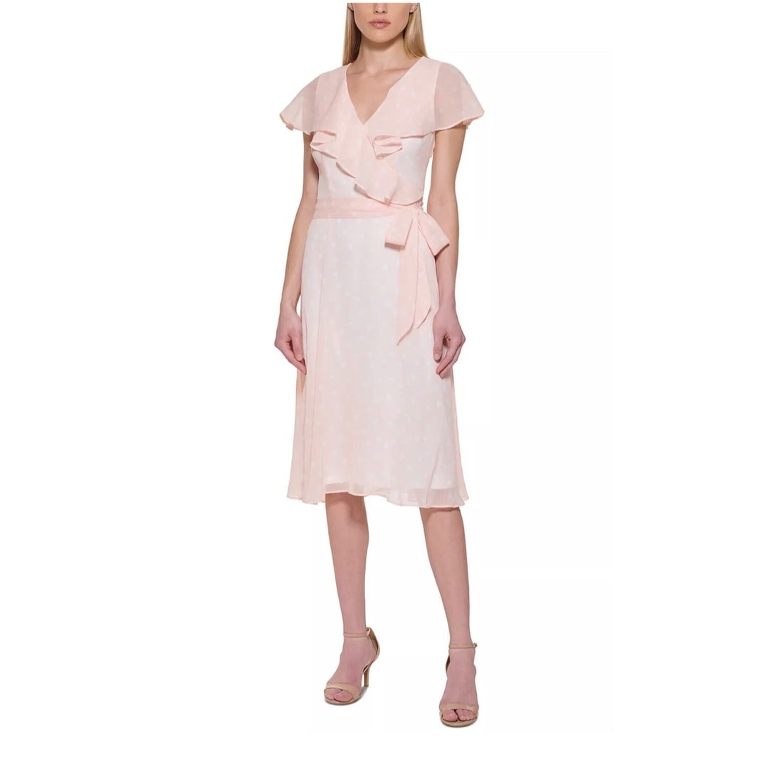 Tommy Hilfiger Women's Powder Ivory Polka Dot Midi Dress with Capelet: Tommy Hilfiger Women's Powder Ivory Polka Dot Midi Dress with Capelet Elevate your wardrobe with this exquisite Tommy Hilfiger Women's Capelet Ruffled Midi Dress. Crafted from smooth, sheer chiffon in