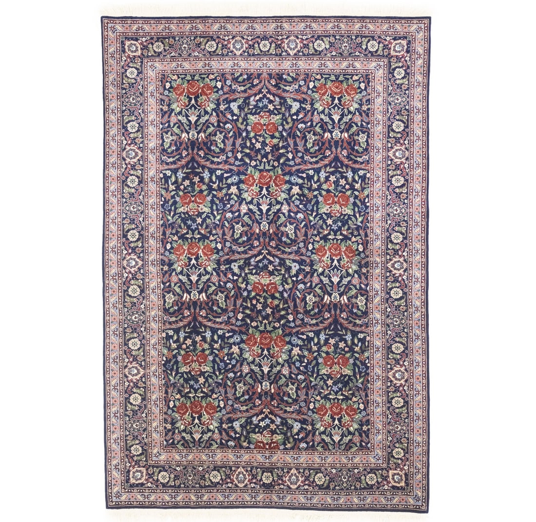 Hand-Knotted Wool Kirman Floral Area Rug 6x9 Classic Entryway Carpet: Hand-Knotted Wool Kirman Floral Area Rug 6x9 Classic Entryway Carpet This handmade Kirman Oriental rug features a classic floral pattern in shades of purple-navy, maroon red, light blue, cream, pink,