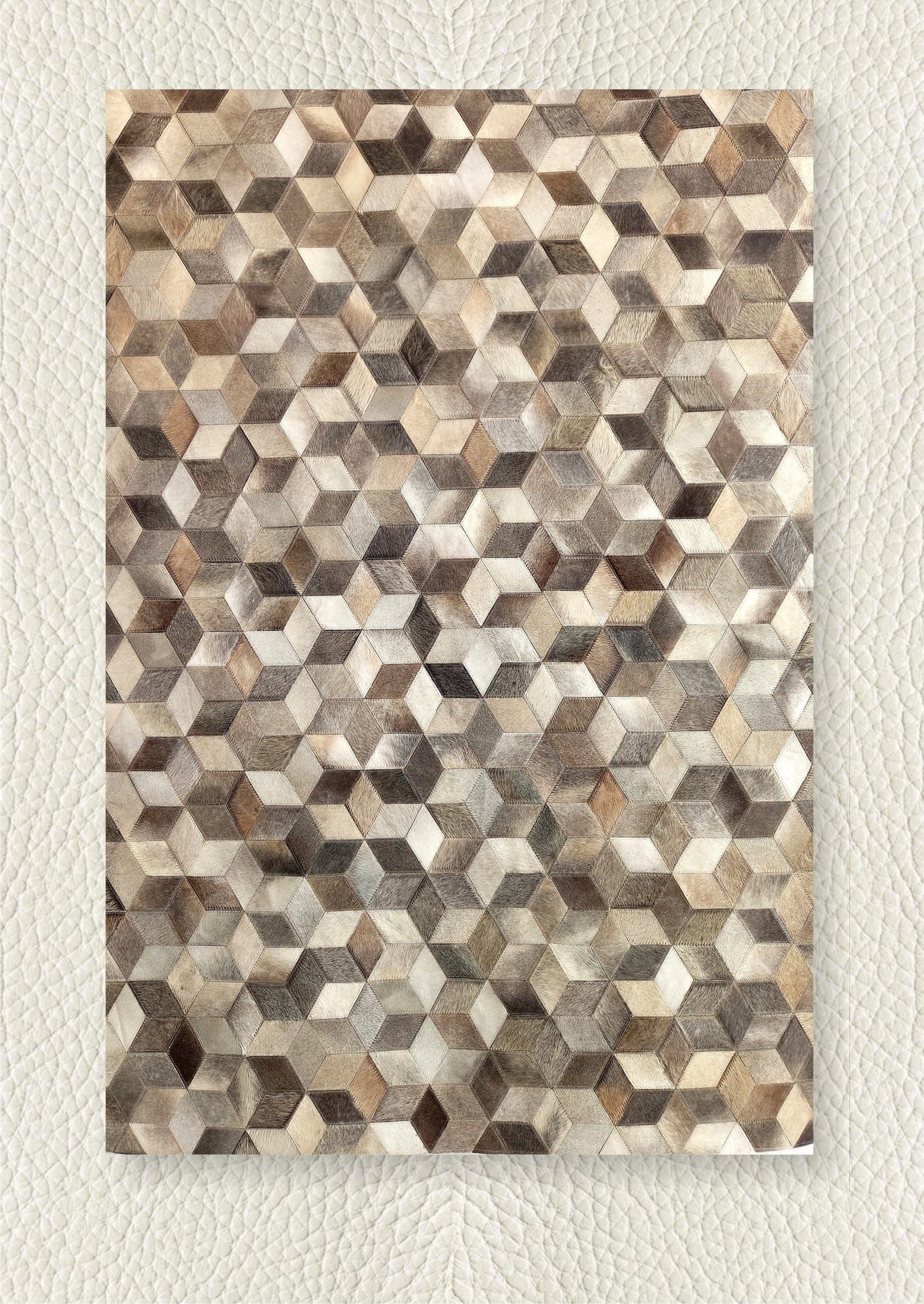 Handcrafted 3D Cube Patchwork Cowhide Leather Rug Sandstone Taupe 3ft x 5ft (1 of 1)
