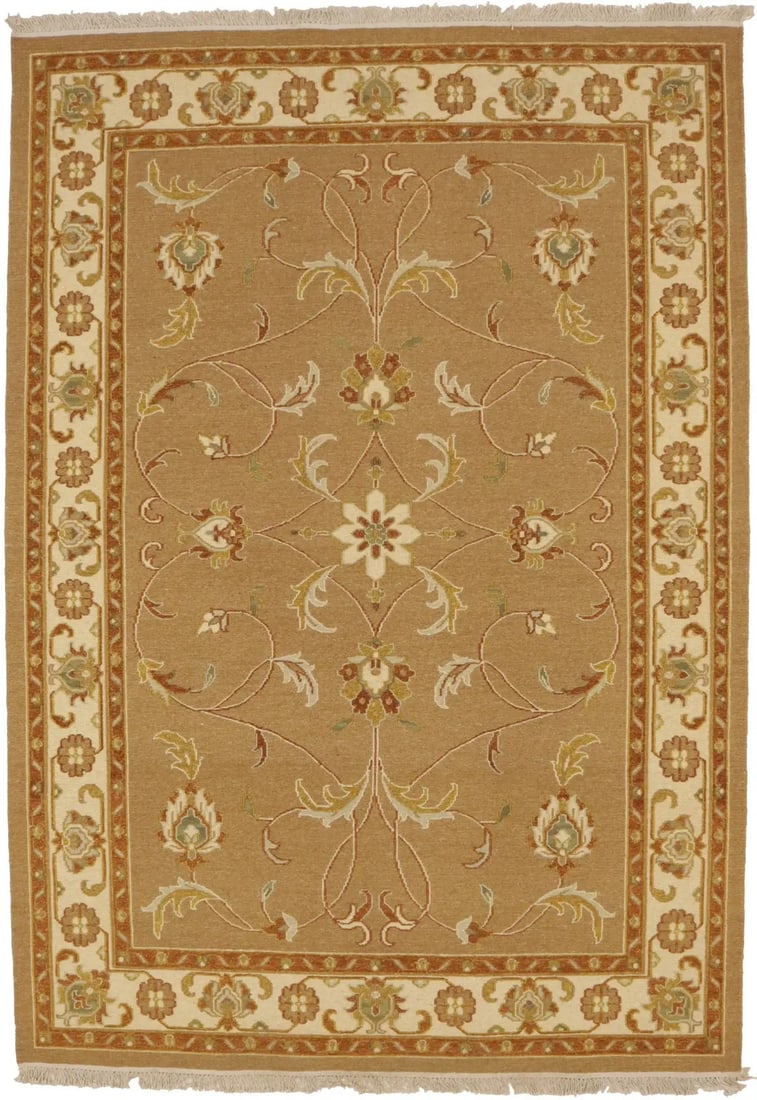 Hand-Knotted Wool Floral Khaki Sumak Area Rug 5'7 x 8' Modern Traditional: Hand-Knotted Wool Floral Khaki Sumak Area Rug 5'7 x 8' Modern Traditional This hand-knotted wool area rug features a khaki, cream, gold, and rust floral pattern in a modern yet traditional style. The