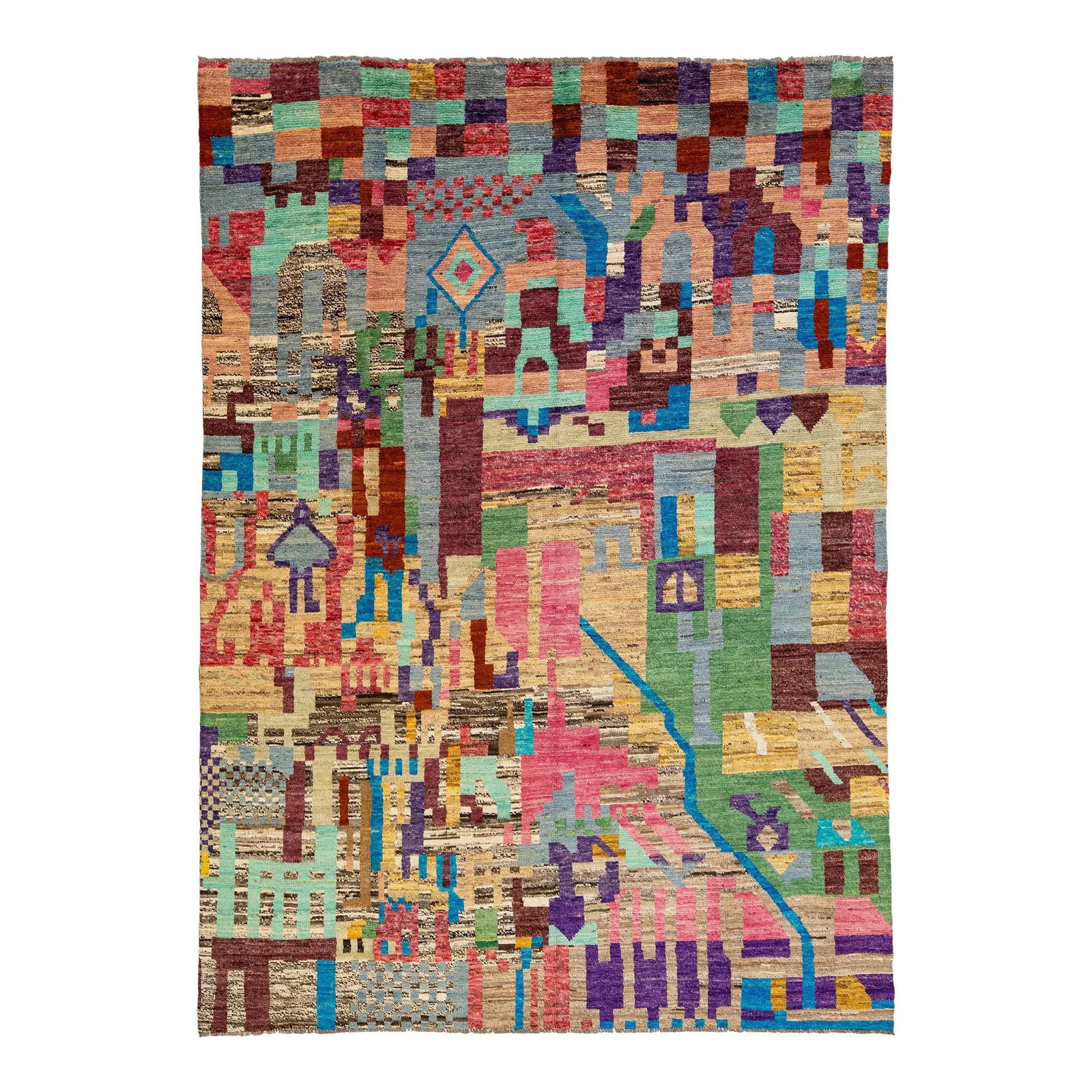Handmade Multicolor Moroccan Wool Rug 6'10 x 9'8 Abstract Design: Handmade Multicolor Moroccan Wool Rug 6'10 x 9'8 Abstract Design This stunning modern wool rug features a captivating beige base adorned with vibrant abstract designs, embodying the essence of Morocca