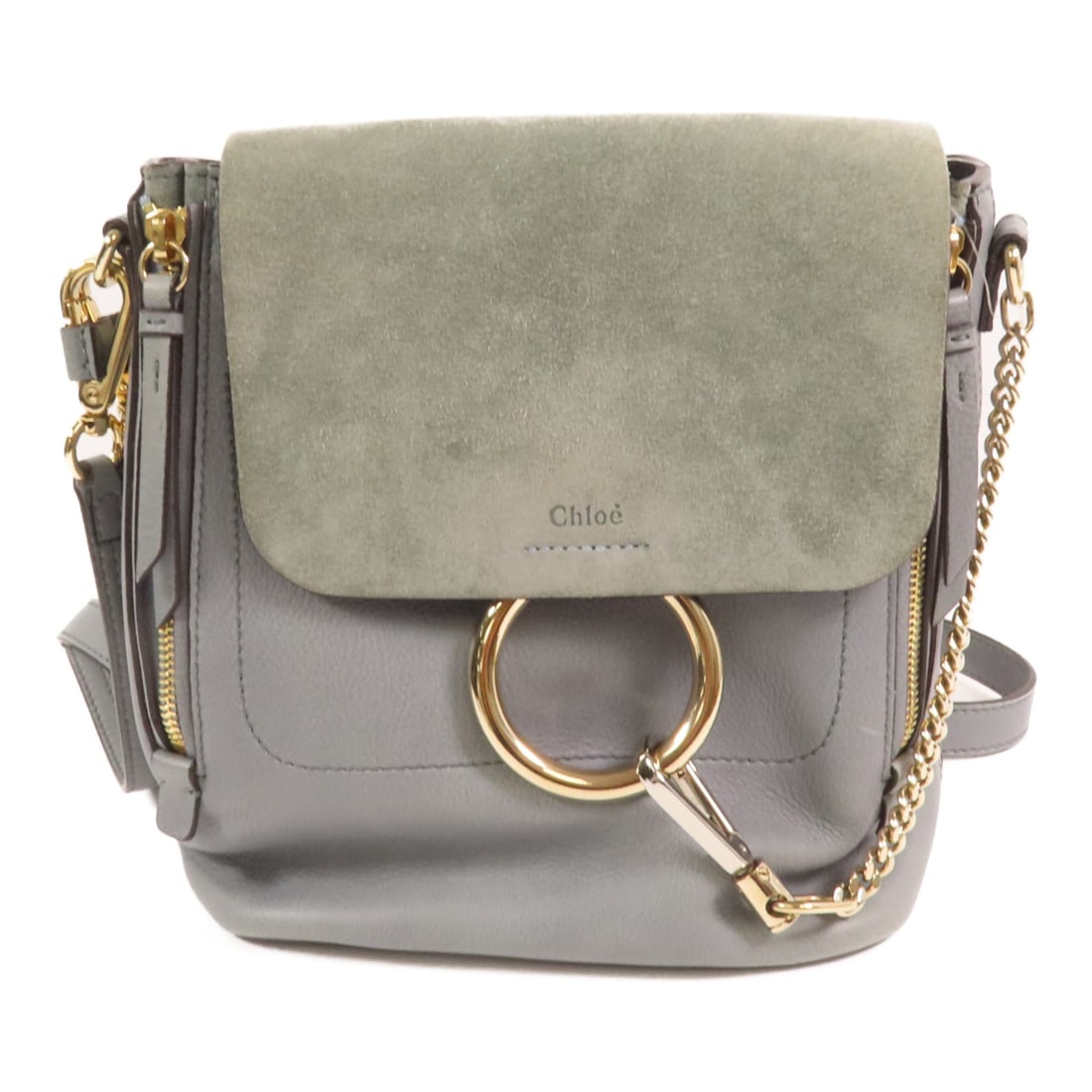 Chloe Faye Light Blue Calfskin Suede Backpack with Gold Tone Hardware: Chloe Faye Light Blue Calfskin Suede Backpack with Gold Tone Hardware This Chloe Faye rucksack backpack features a stylish combination of calfskin leather and suede in a light blue color. Designed for