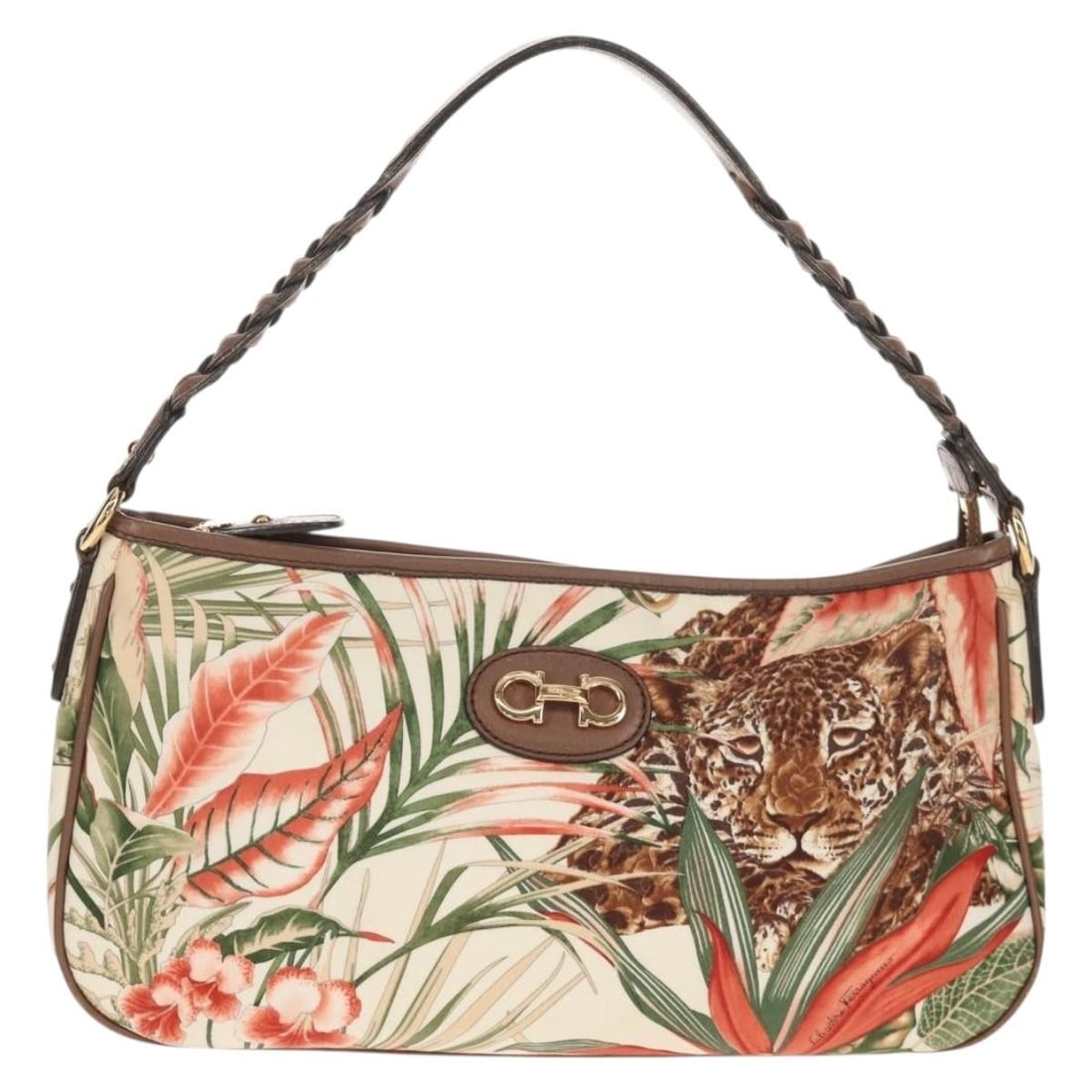 Nylon Multicolor Gancini Shoulder Bag by Salvatore Ferragamo: Nylon Multicolor Gancini Shoulder Bag by Salvatore Ferragamo This pre-owned Salvatore Ferragamo Gancini shoulder bag for women features a multicolour nylon exterior with metal fittings. It offers a co