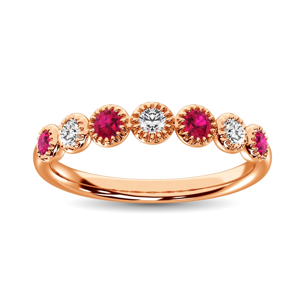 Diamond 1/5 Ct.Tw. And Alternate Ruby Stack Band in 14K Rose Gold ( 3 Diamond and 4 Ruby ): Diamond 1/5 Ct.Tw. And Alternate Ruby Stack Band in 14K Rose Gold ( 3 Diamond and 4 Ruby ) 14k Rose Gold Stone Color: G-h Stone Clarity: I1 Each ring is presented in standard size 6.5. Complimentary r