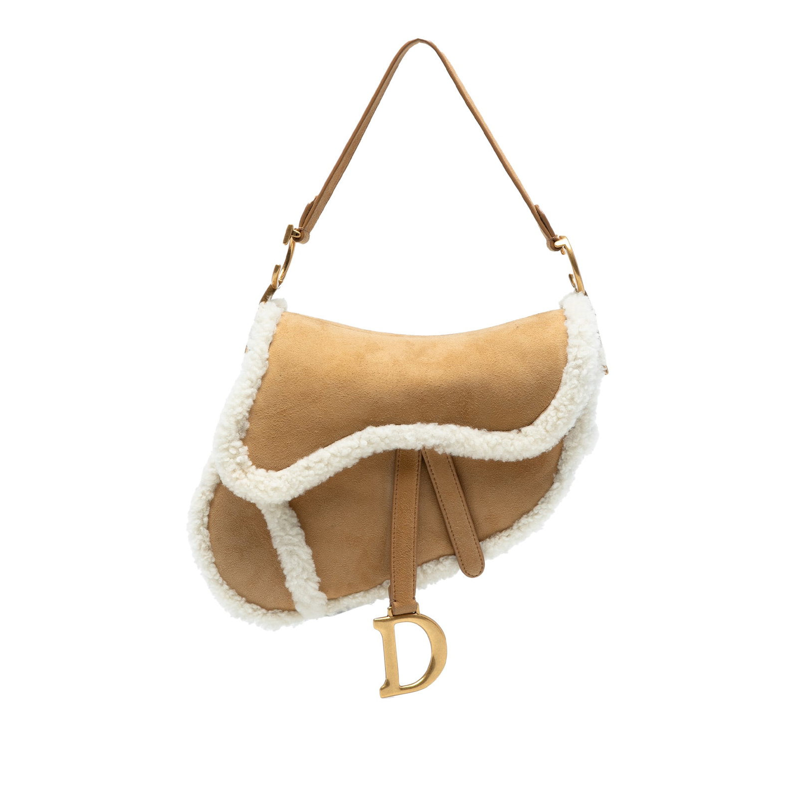 Dior Shearling Suede Saddle Bag with CD Hardware: Dior Shearling Suede Saddle Bag with CD Hardware This Dior Shearling Suede Saddle Bag is a stylish accessory crafted from high-quality suede with a luxurious fur trim. It features a convenient flat le