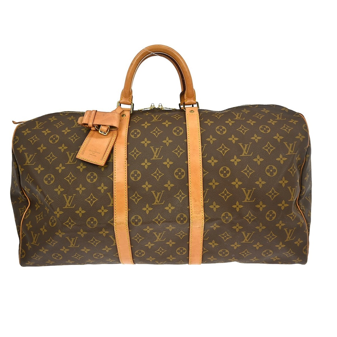 Keepall Brown Monogram Canvas Travel Bag by Louis Vuitton: Keepall Brown Monogram Canvas Travel Bag by Louis Vuitton This Louis Vuitton Keepall bag is crafted from monogram canvas in a brown color and designed for unisex use. The bag shows signs of use, inclu