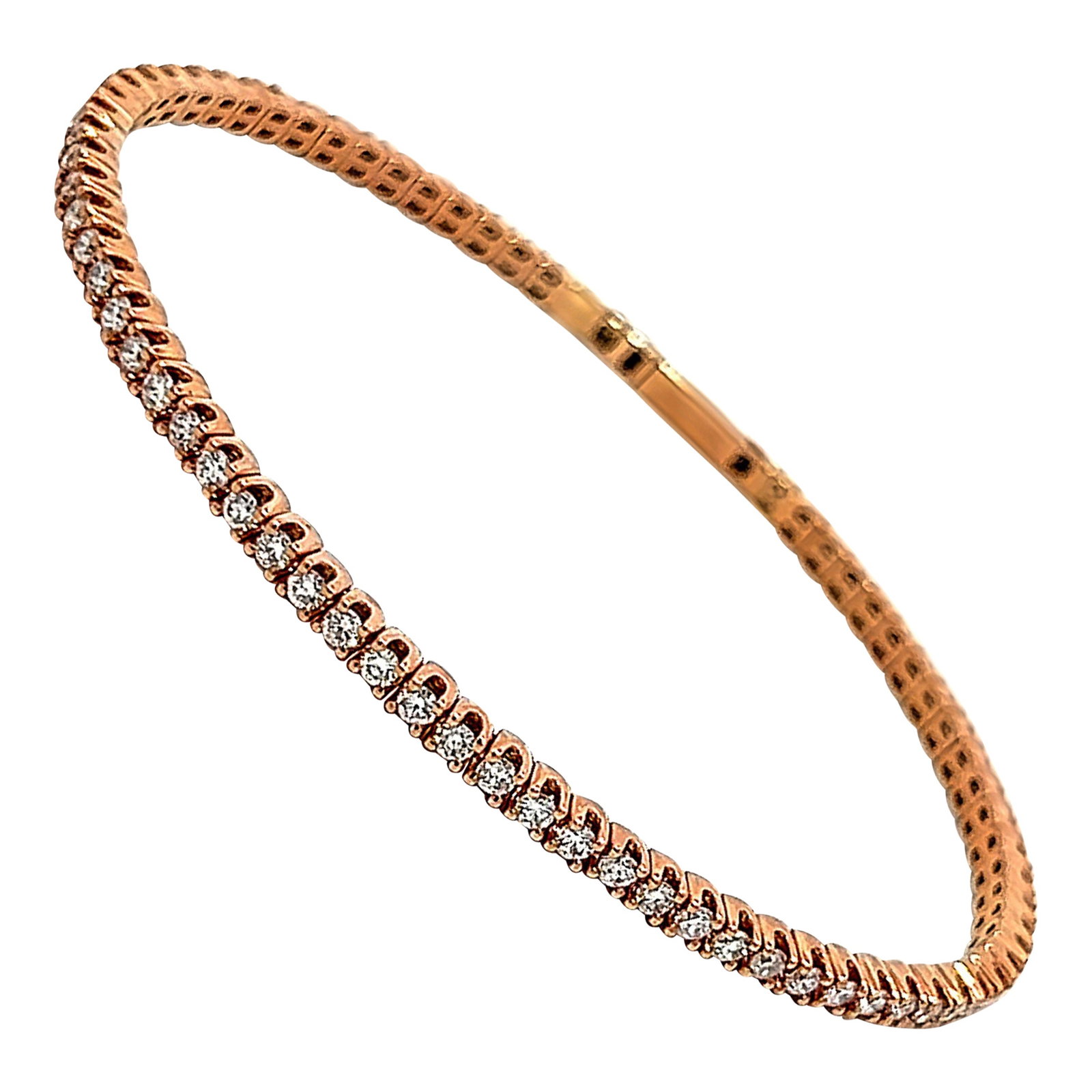 1.87ct Diamond Tennis Bangle Bracelet in 14k Rose Gold: 1.87ct Diamond Tennis Bangle Bracelet in 14k Rose Gold This exquisite 1.85ct flexible tennis bangle bracelet showcases a modern design crafted from 14k rose gold. Adorned with 71 round diamonds totali