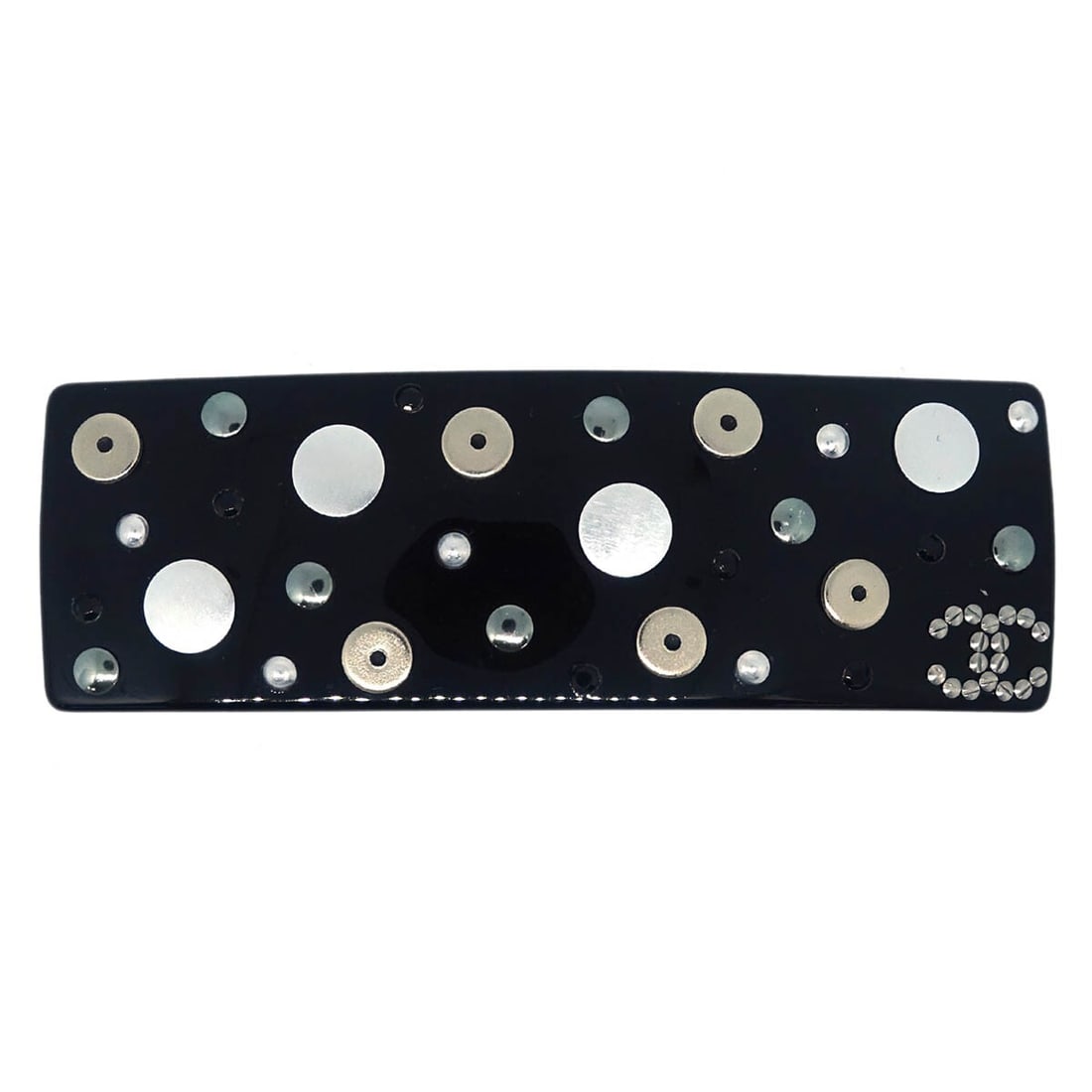 Black Plastic Gold Tone Barrette by Chanel for Women: Black Plastic Gold Tone Barrette by Chanel for Women This Chanel barrette is a stylish hair accessory crafted for women. Made in France, it features a black plastic construction with gold-tone accents