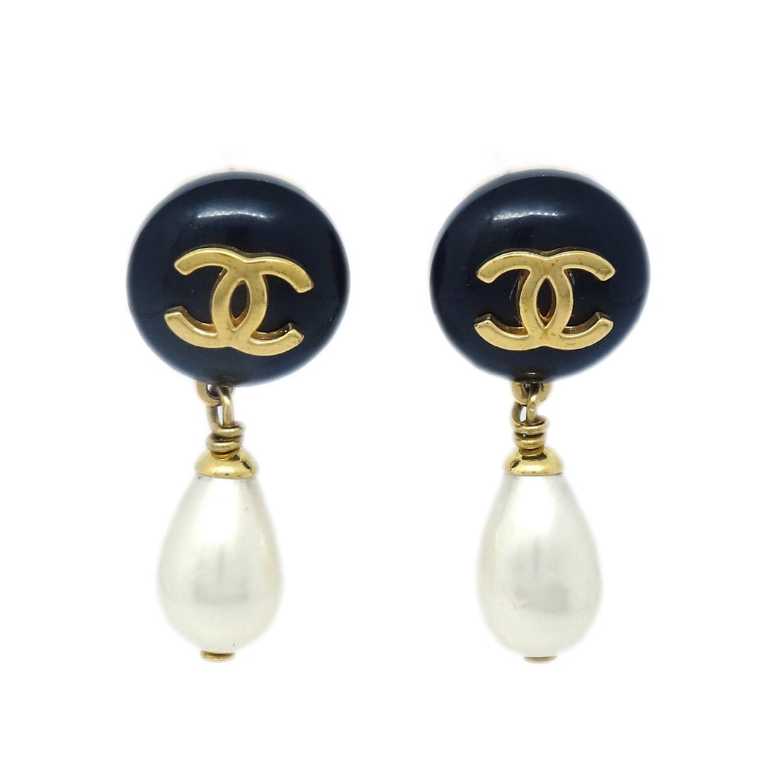Chanel 96P Gold Clip-On Dangle Earrings with Artificial Pearls (1 of 4)
