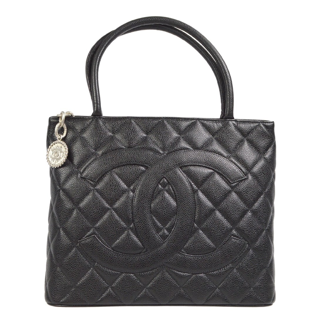 Chanel Black Caviar Medallion Tote Bag with Quilted Design: Chanel Black Caviar Medallion Tote Bag with Quilted Design Introducing the Chanel Black Calfskin Medallion Tote Handbag, a stylish and versatile accessory perfect for casual occasions. This medium-siz
