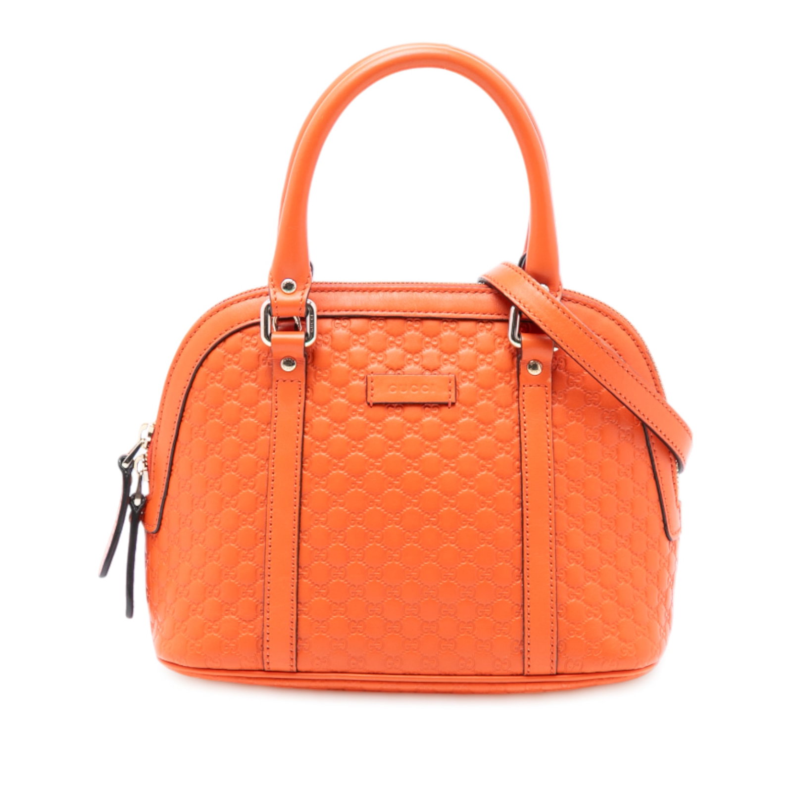 Orange Gucci Mini Microguccissima Leather Dome Bag with Detachable Strap: Orange Gucci Mini Microguccissima Leather Dome Bag with Detachable Strap This Gucci Mini Microguccissima Dome Satchel features an orange leather body with rolled leather handles and a detachable leath