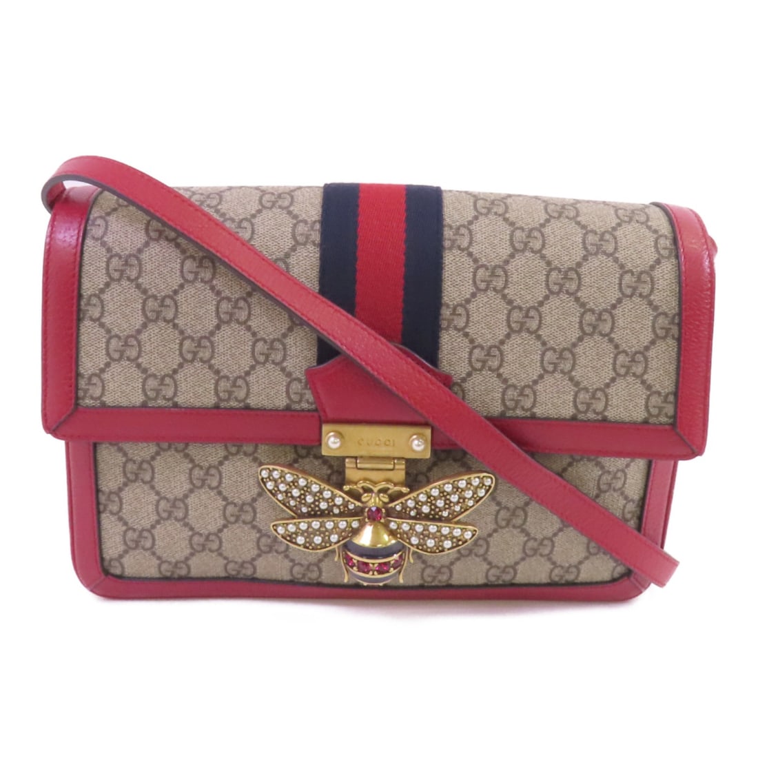 Gucci Queen Margaret Medium Shoulder Bag in GG Supreme Canvas Brown Red: Gucci Queen Margaret Medium Shoulder Bag in GG Supreme Canvas Brown Red This is a Gucci GG Supreme Queen Margaret medium shoulder bag crafted from brown PVC coated canvas. The bag features a regular s