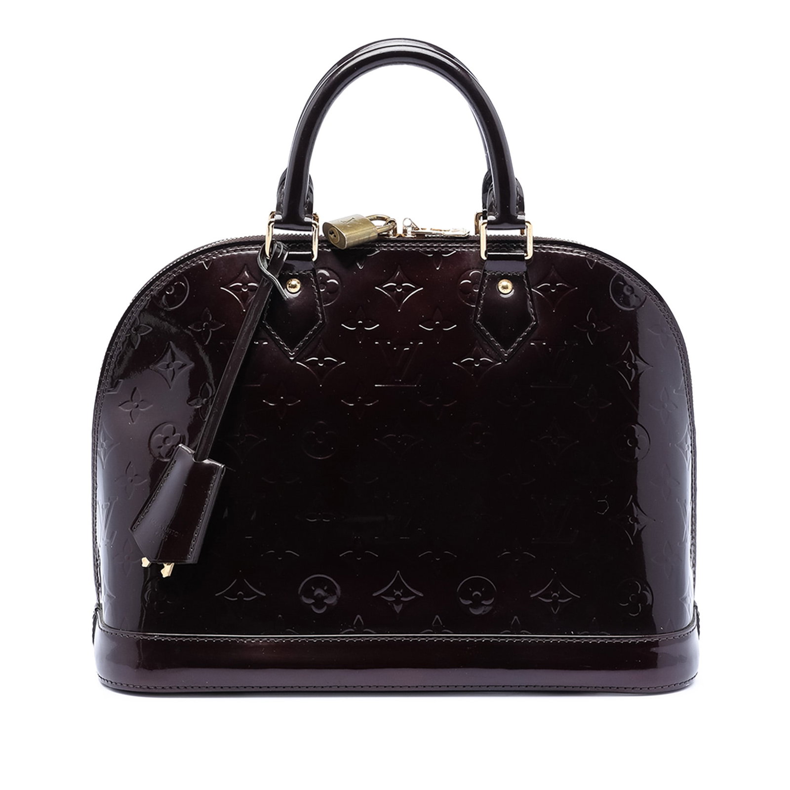Louis Vuitton Alma PM Purple Monogram Vernis Leather Satchel Handbag: Louis Vuitton Alma PM Purple Monogram Vernis Leather Satchel Handbag This Louis Vuitton Monogram Vernis Alma PM features a monogram vernis leather body in purple, rolled leather handles, a top zip clo